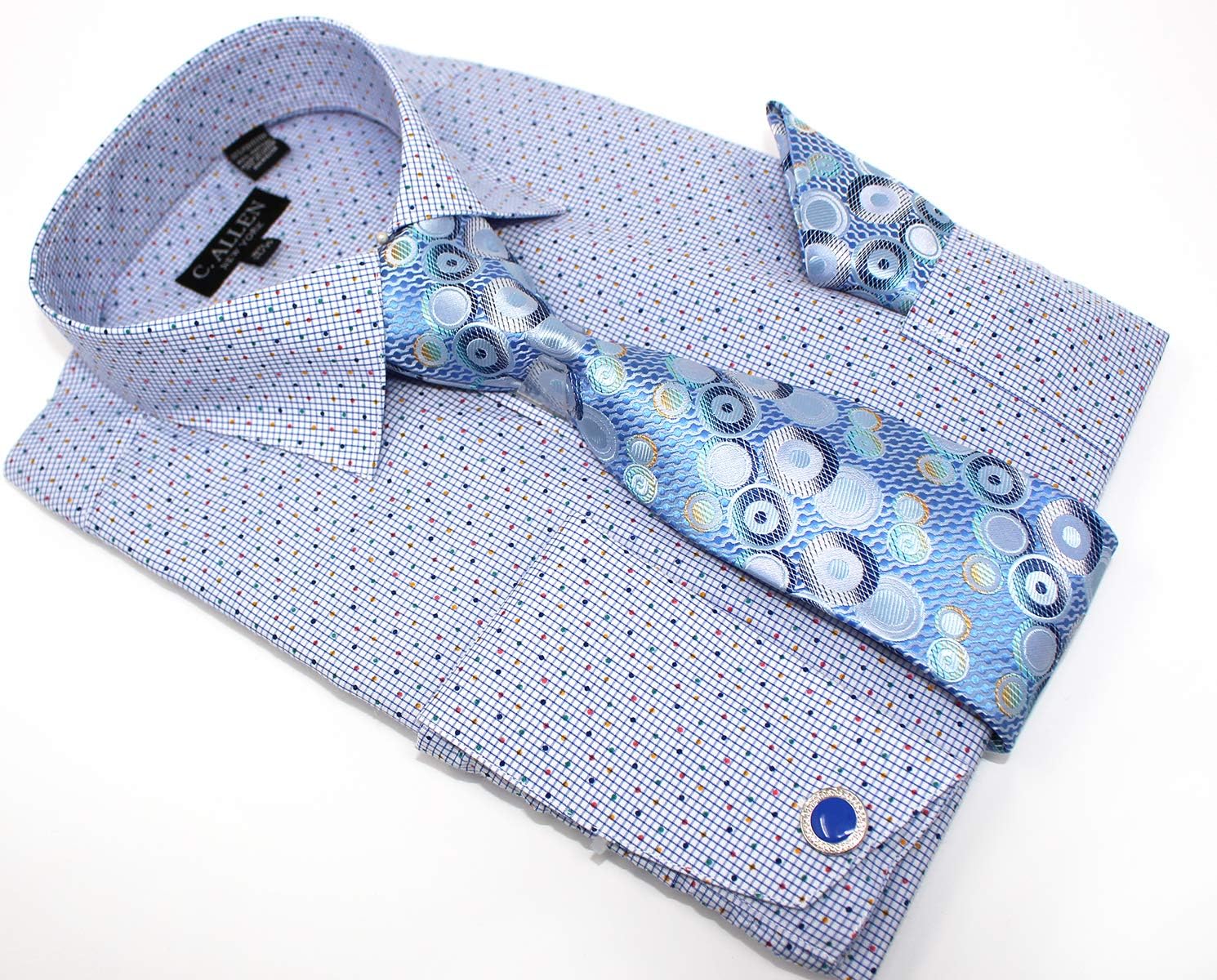 C. Allen Men's Checks Dot Printed Regular Fit French Cuffs Dress Shirts with Tie Hanky Cufflinks Combo - Image 3