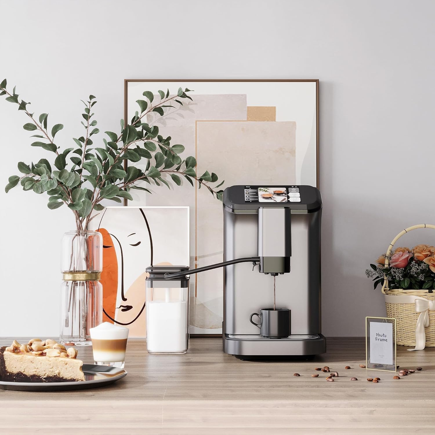 Garvee Fully Automatic Espresso Machine with Built-In Grinder and Milk Frother, 4-Beverage Cappuccino and Latte Maker with Intuitive Touch Display, Gunmetal Finish