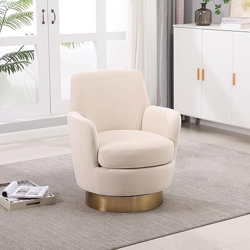 Miniatura 3 de SLEERWAY Silla giratoria de 360, moderna silla redonda de terciopelo con base y respaldo de metal dorado, cómodo sillón pequeño tapizado para