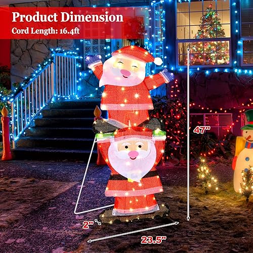 Miniatura 5 de Tangkula Letrero de Navidad doble de Papá Noel con luces LED, letrero de luz de Navidad al aire libre con estacas y luces de cadena, letrero de