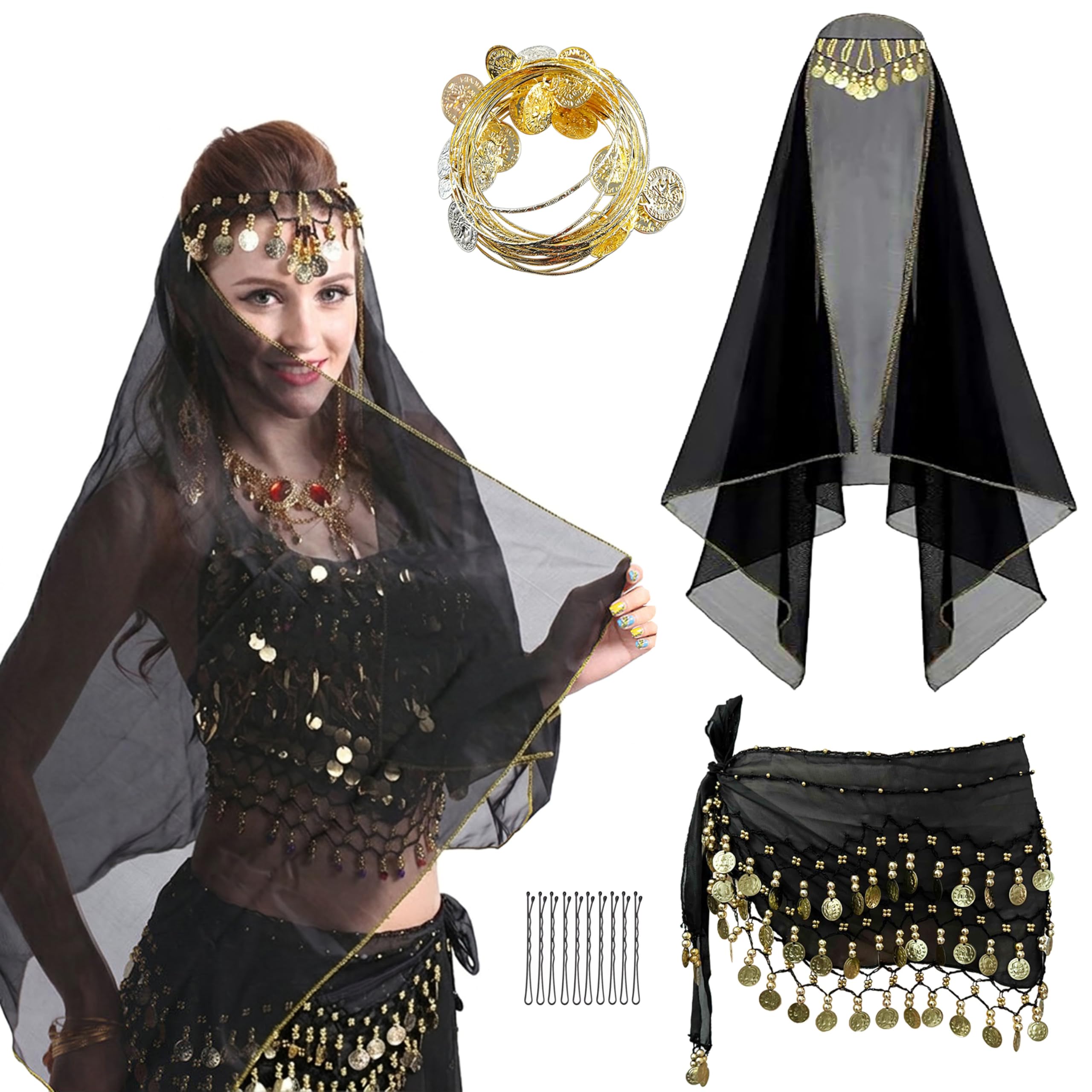 Photo 1 of ***MISSING PIECES -SELLING AS IS *** Wuchieal Belly Dancer Outfit Sets, Chiffon Head Scarf,Belly Dance Hip Scarf, Bobby Pins, Metal Bracelets,Dark blue