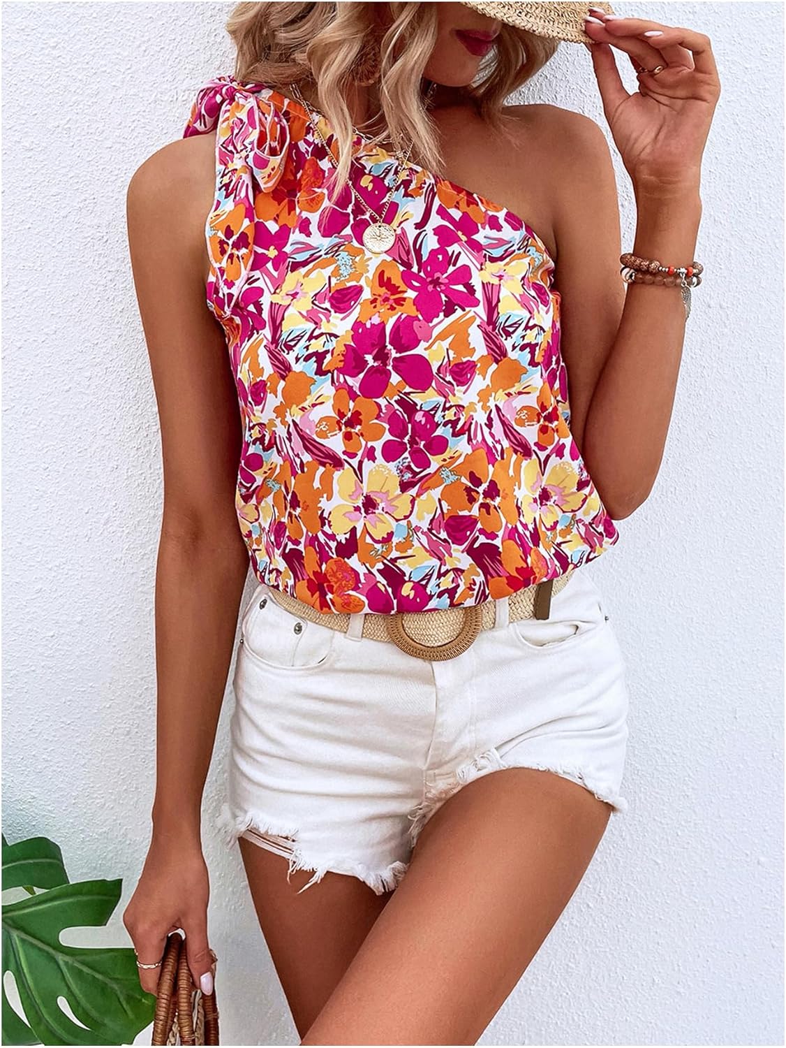 Verdusa Women's Floral Boho Blouse Vacation Summer Bow Tie One Shoulder Tops - Image 5