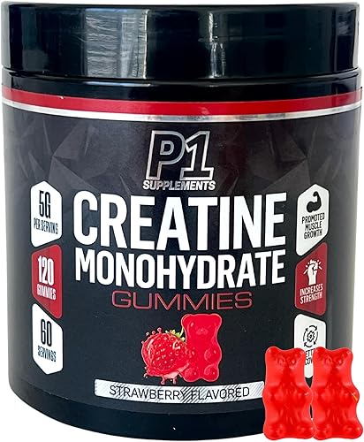 Gomitas de monohidrato de creatina P1 - Creatina para hombres y mujeres con 60 porciones, 0.18 onzas por porción. 120 gomitas con sabor a fresa.