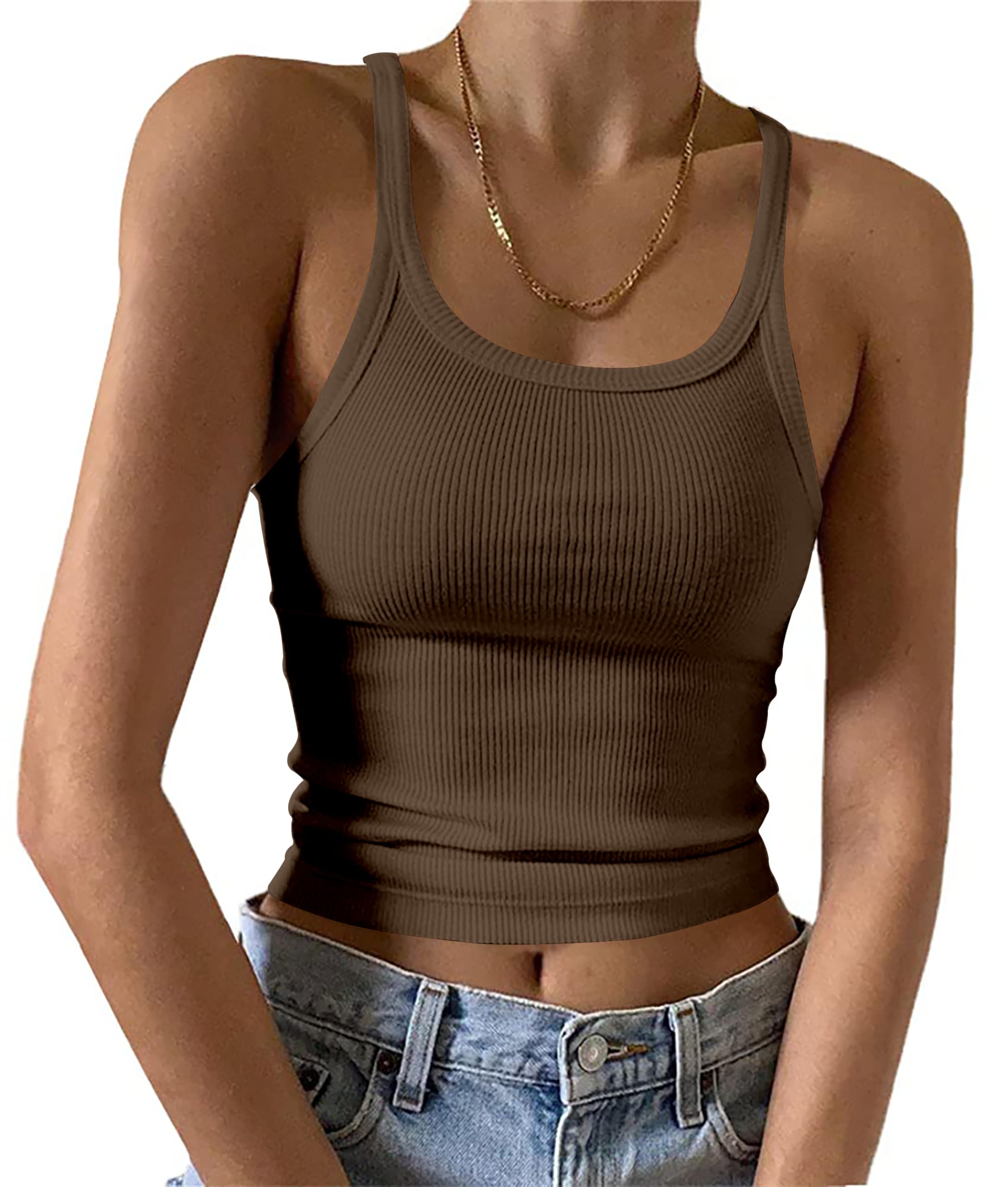 DUOEASE Tank Top Damen Sommer Slim Fit Crop Top Damen U-Ausschnitt Gerippt Oberteile Sexy Braun-XS