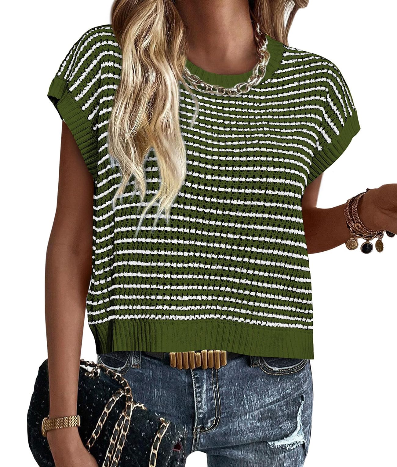 ATHMILE Womens Short Sleeve Sweater Spring Summer Striped Round Neck Pullover Cap Sleeve Knit Cute Fashion Vest Tops