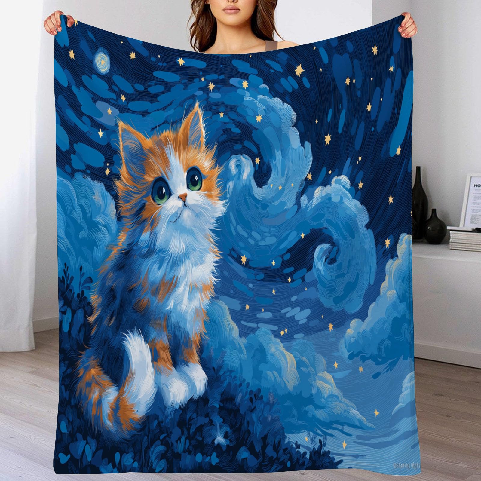 Couverture bleu flanelle chaude gros chat, idée cadeau enfant et adulte