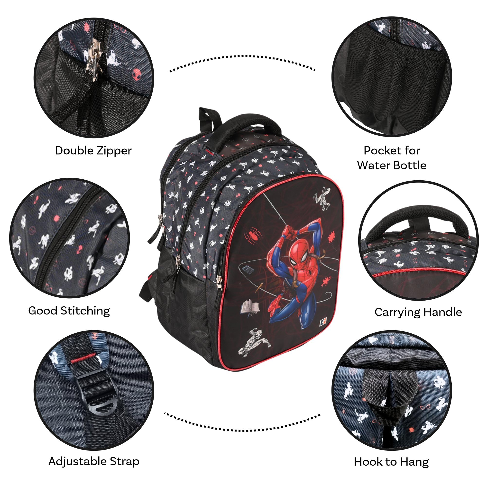 Kuber Industries Plecak szkolny Marvel Spiderman dla chłopców i dziewcząt, plecak podróżny z 4 przegródkami, wodoodporna torba na książki, torba do codziennej rutyny, torba szkolna, dla dzieci, czarny