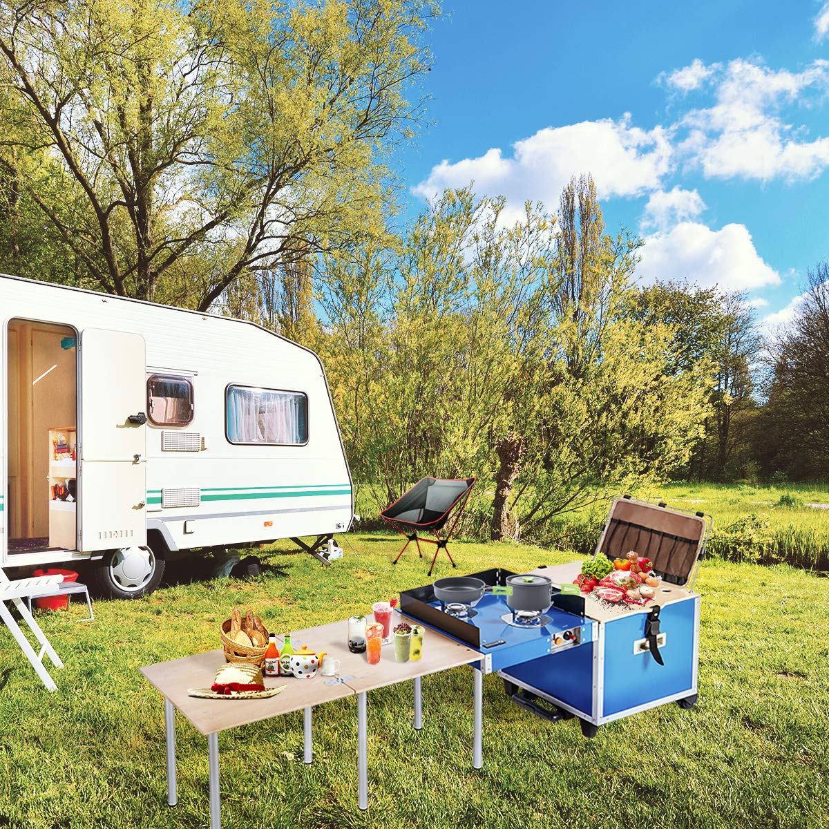 Camping Kitchen Box With Stove & Storage Suitcase & Folding Table, 3 in