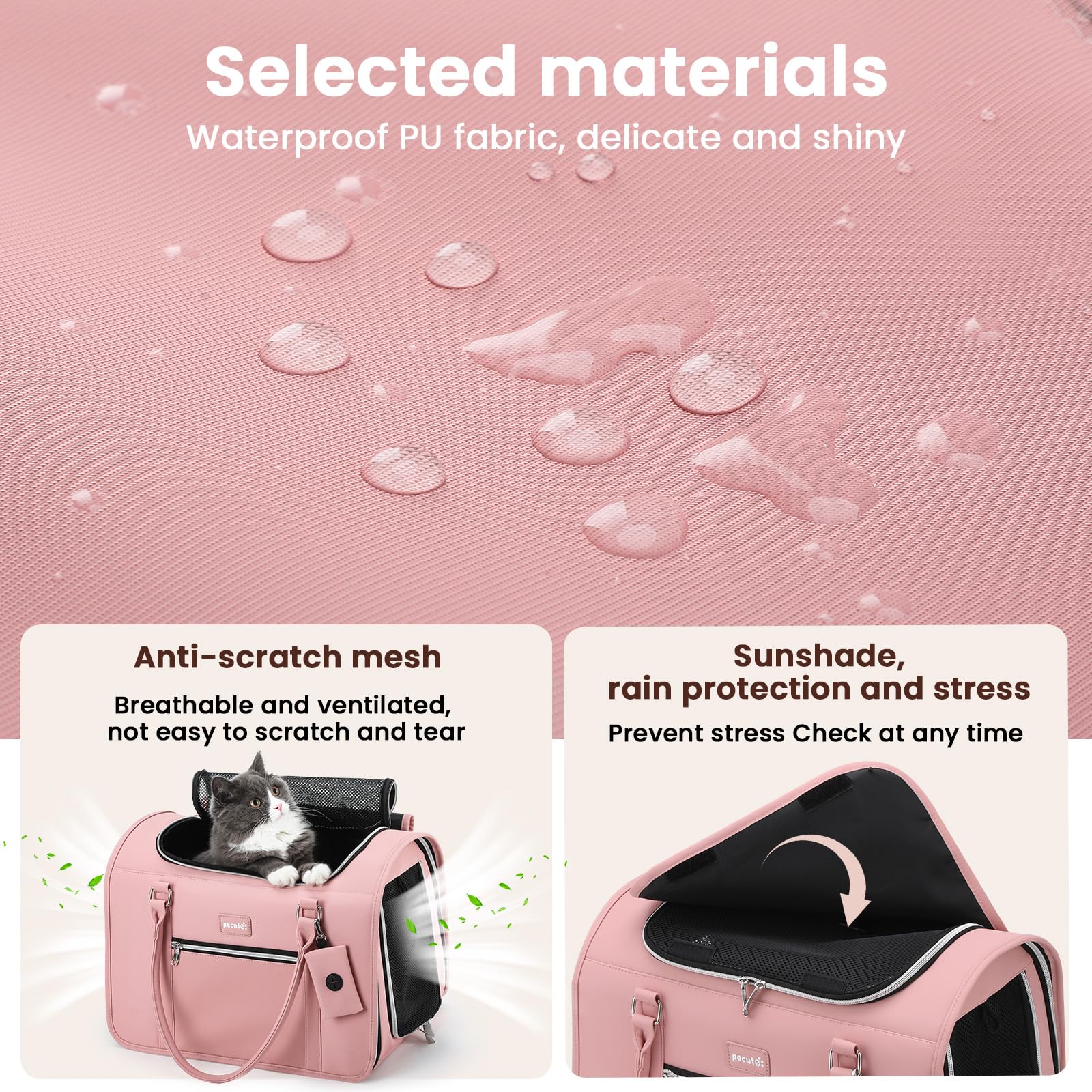Pecute Transportin Gato, Bolso de Transporte de Gatos de Moda < 6 kg, Tela PU y Hardware con Cuerda de Seguridad Incorporada, Plegable y Portátil para Viajar