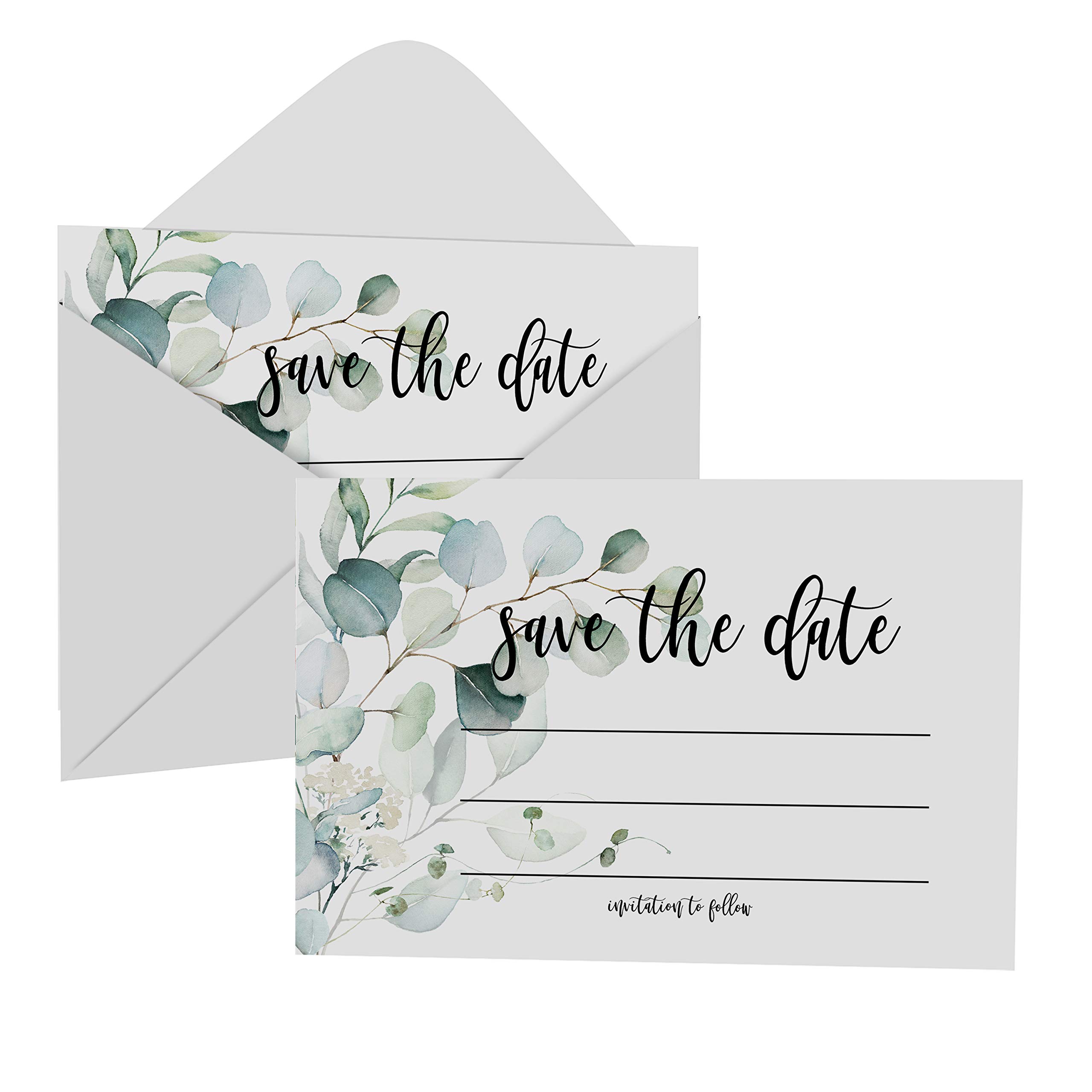 Greenery Save the Date Cards with Envelopes (25 Pack) Blank Invitation for Wedding, Graduation, Birthday Party, Anniversary, Rehearsal, Showers, All Occasions – Rustic Theme Eucalyptus - 4bar Set