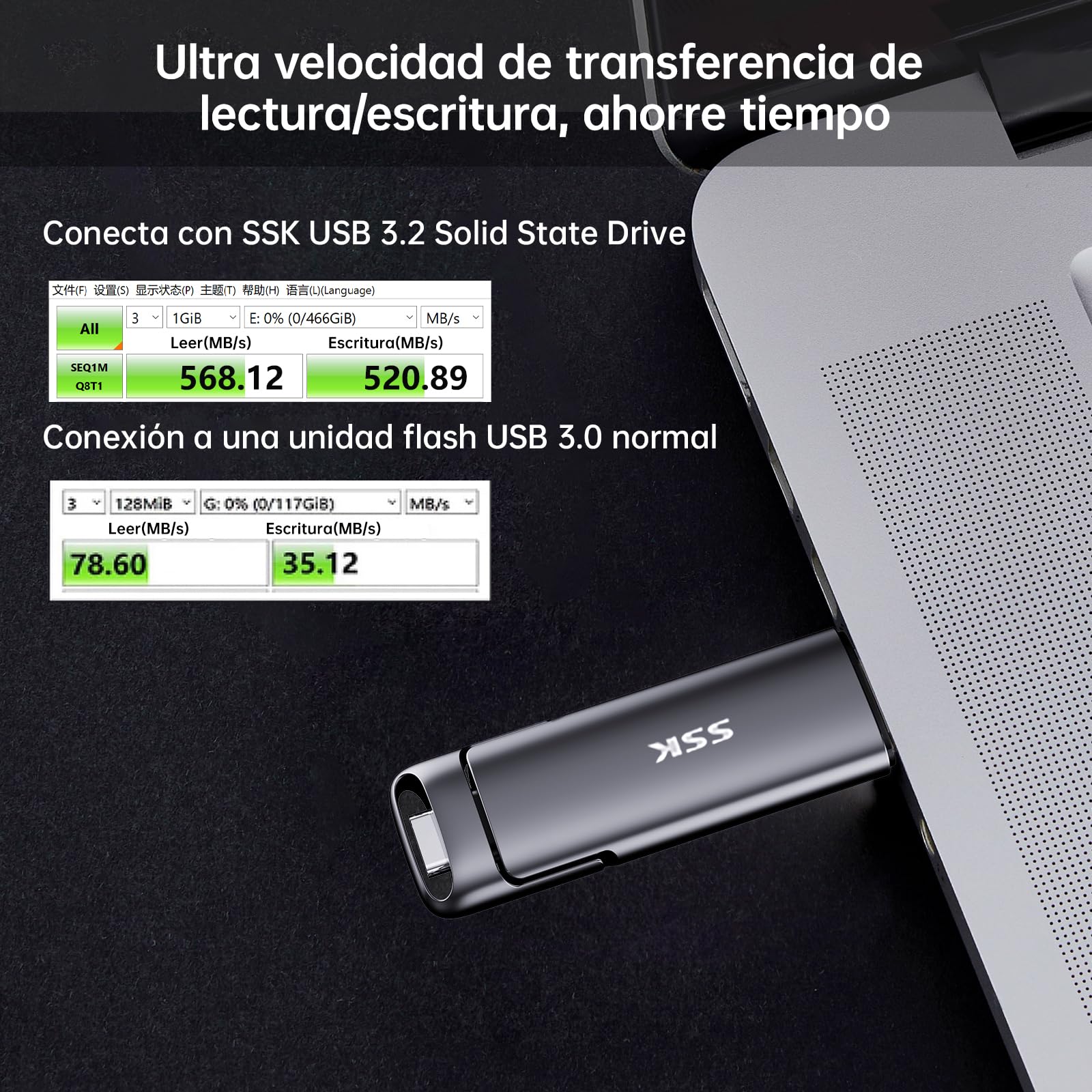 SSK SSD Pendrive 128 GB ，Memoria USB Flash hasta 550 MB/s, Dual Drive usb3.2 Gen 2 Tipo c + a OTG Metal Pen Drive，Disco Duro Externo SSD para Smartphones Android, Pc, Tabletas,Macs