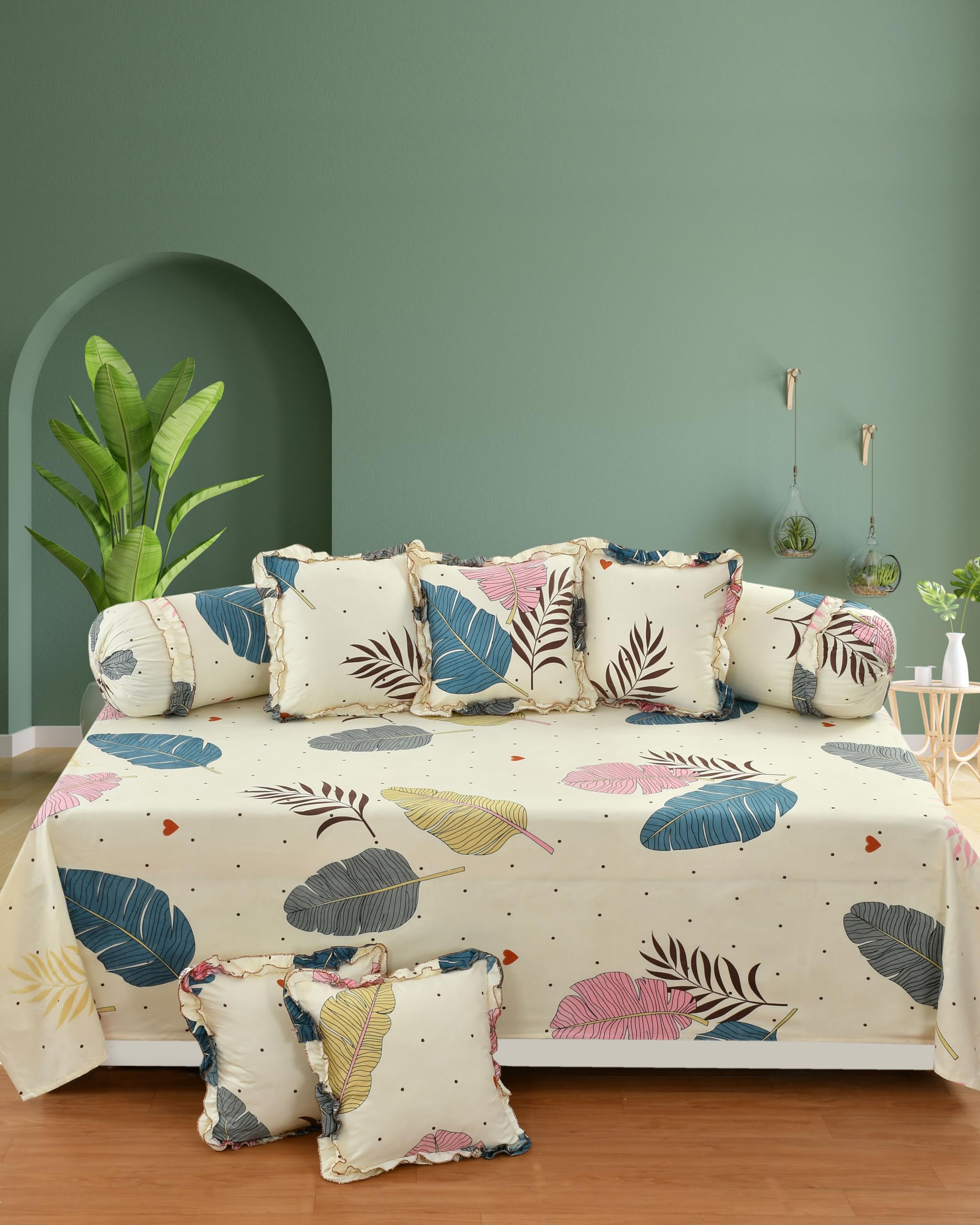 JBTC Decorative Frill Designer Diwan Set (1 Diwan Bedsheet, 2 Designer Frill Bolster Cover, 5 Designer Frill Cushion Cover Pack of 8 Pieces (Cream)-image-36