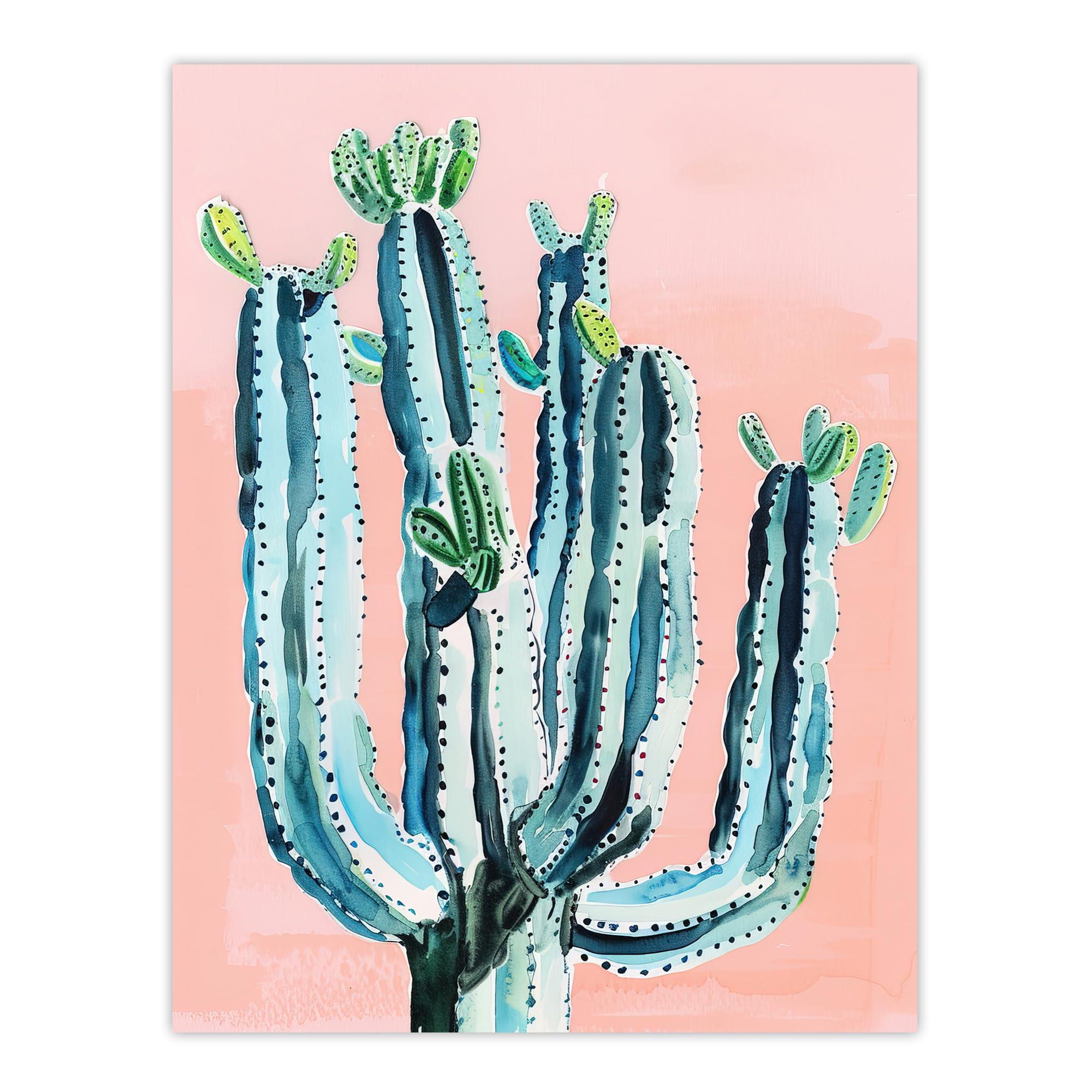 Desert Cactus Watercolour Wall Art Print - Pink & Teal Pastel Colours - W24 x H32 inch