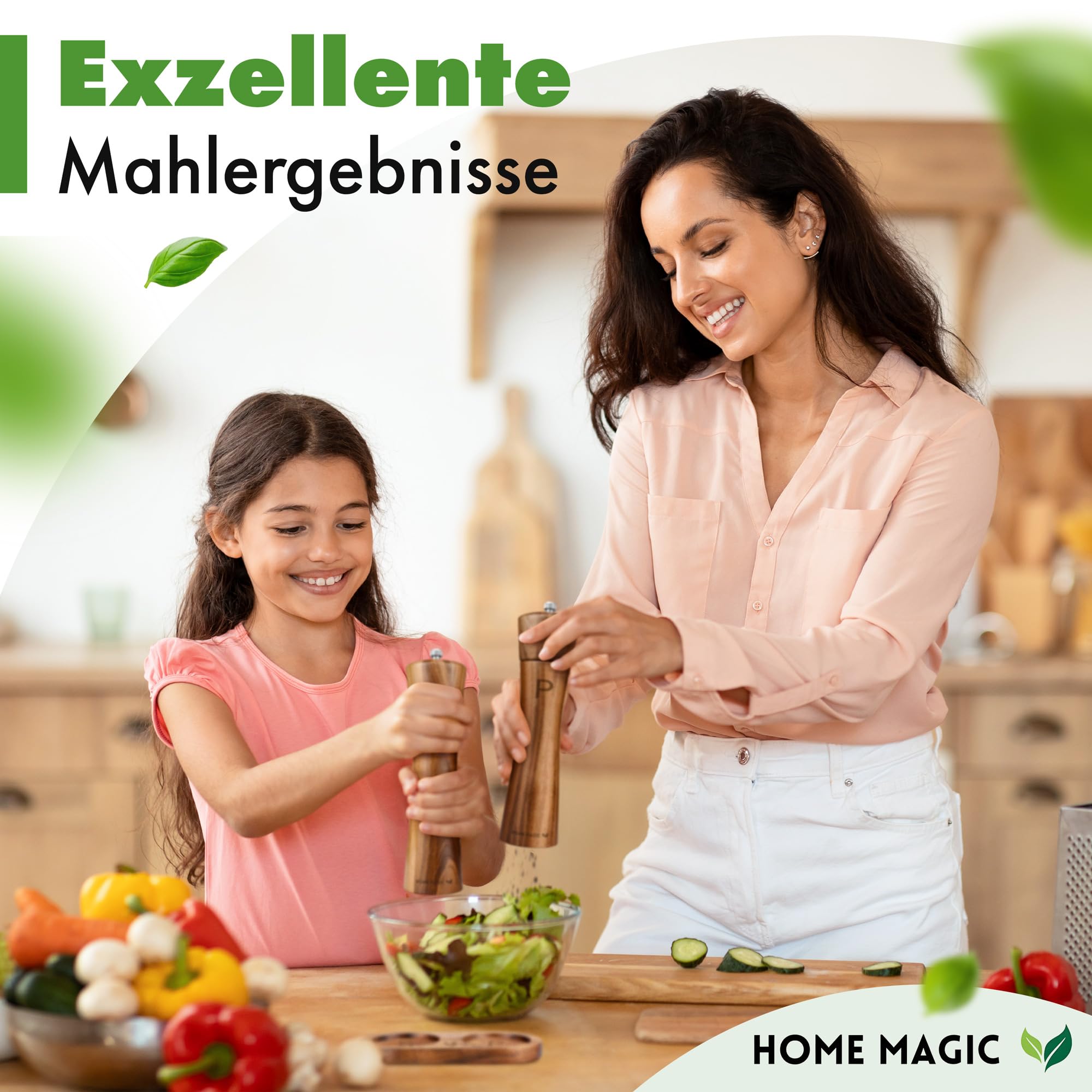 Pfeffermühle Holz – Premium Salz und Pfeffermühle 2er Set aus Akazienholz mit Untersetzer | Hochwertiges Keramikmahlwerk