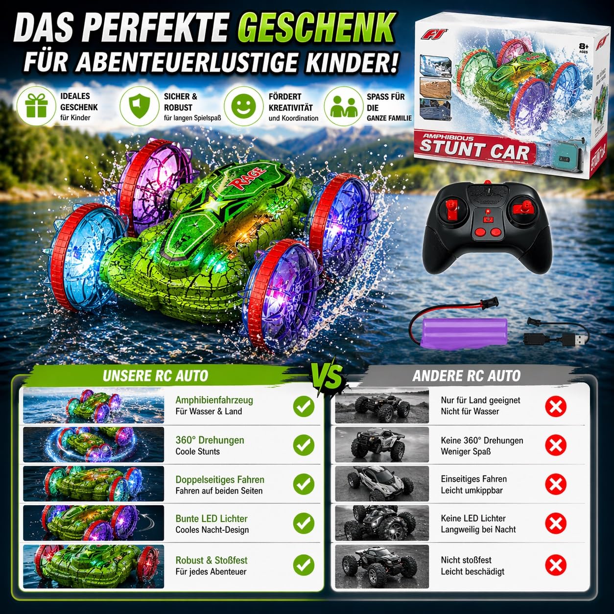 Ferngesteuertes Auto Amphibienfahrzeug Kinder, RC Auto Wasser & Land mit 2 Akku, 360° Drehung, Doppelseitiges Fahren, LED Licht, 2.4GHz RC Truck für Kinder ab 6 7 8 9 10 11 12 Jahre Jungen Mädchen