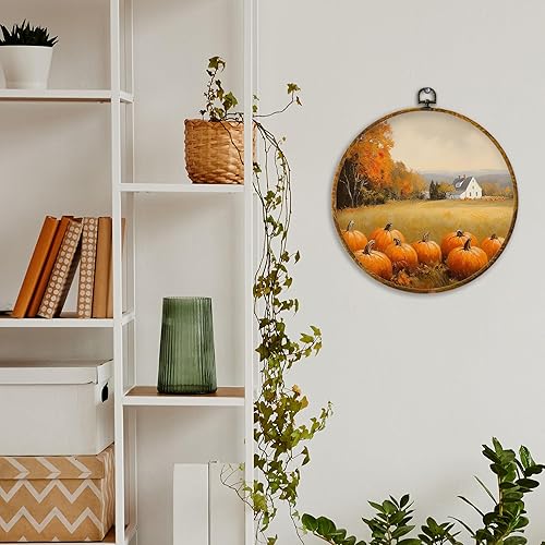 Miniatura 4 de XPH Arte de pared redondo de calabaza de otoño de granja, enmarcado, decoración de pared redonda de calabaza de otoño rústico, impresiones de lienzo