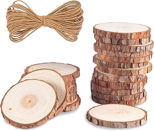 chfine Rebanadas de madera natural para manualidades, 20 piezas de discos redondos de madera natural sin terminar de 2.4 a 2.8 pulgadas con agujero