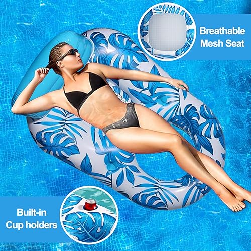 Miniatura 3 de Flotadores inflables de piscina para adultos, silla flotante de piscina con portavasos, silla flotante de piscina con respaldo, balsa flotante para