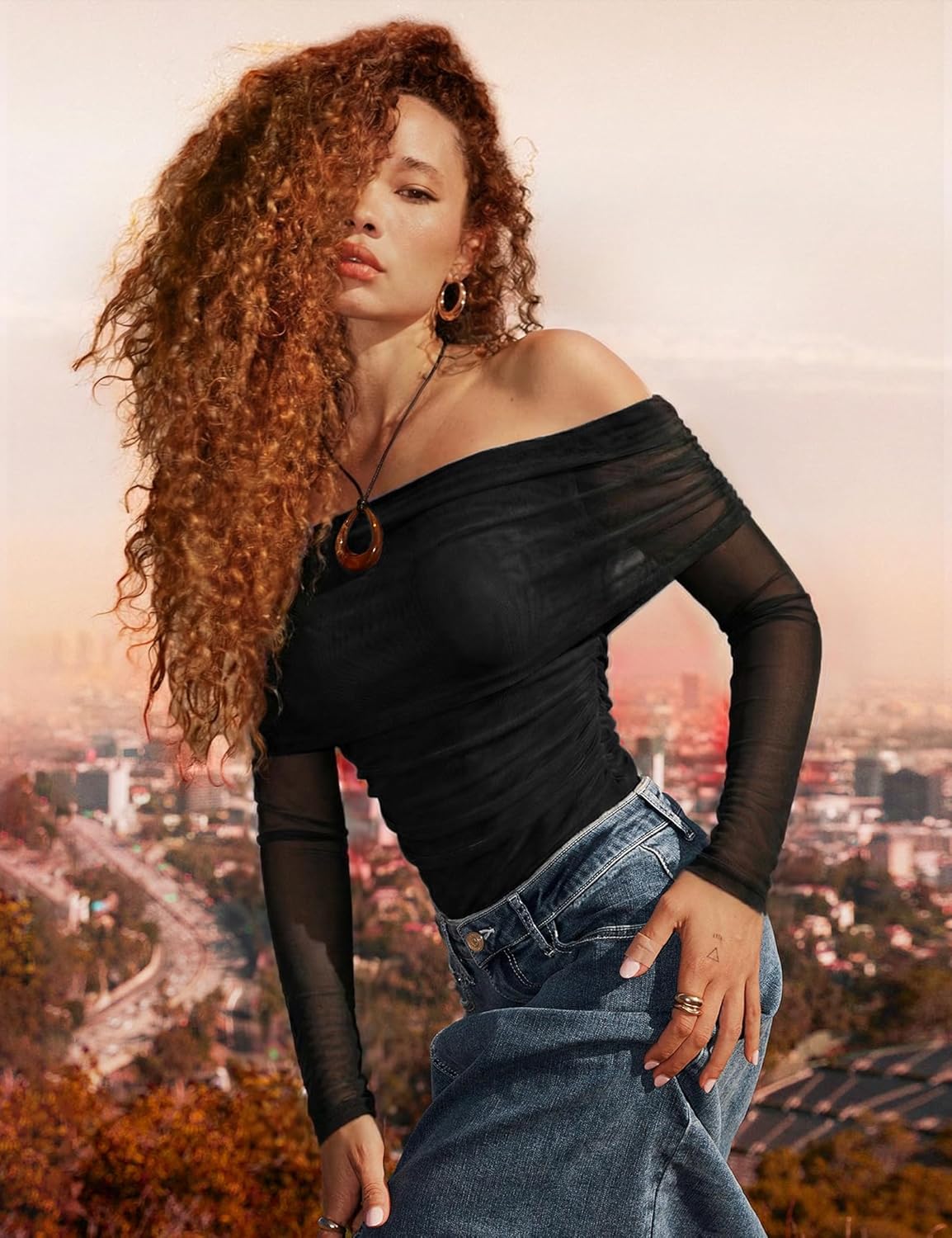 SAUNGKUAI Women's Off The Shoulder Long Sleeve Bodysuit Sexy Slimming Body Suit Tops Sheer Mesh Ruched Fall Outfits 2026 - Image 6