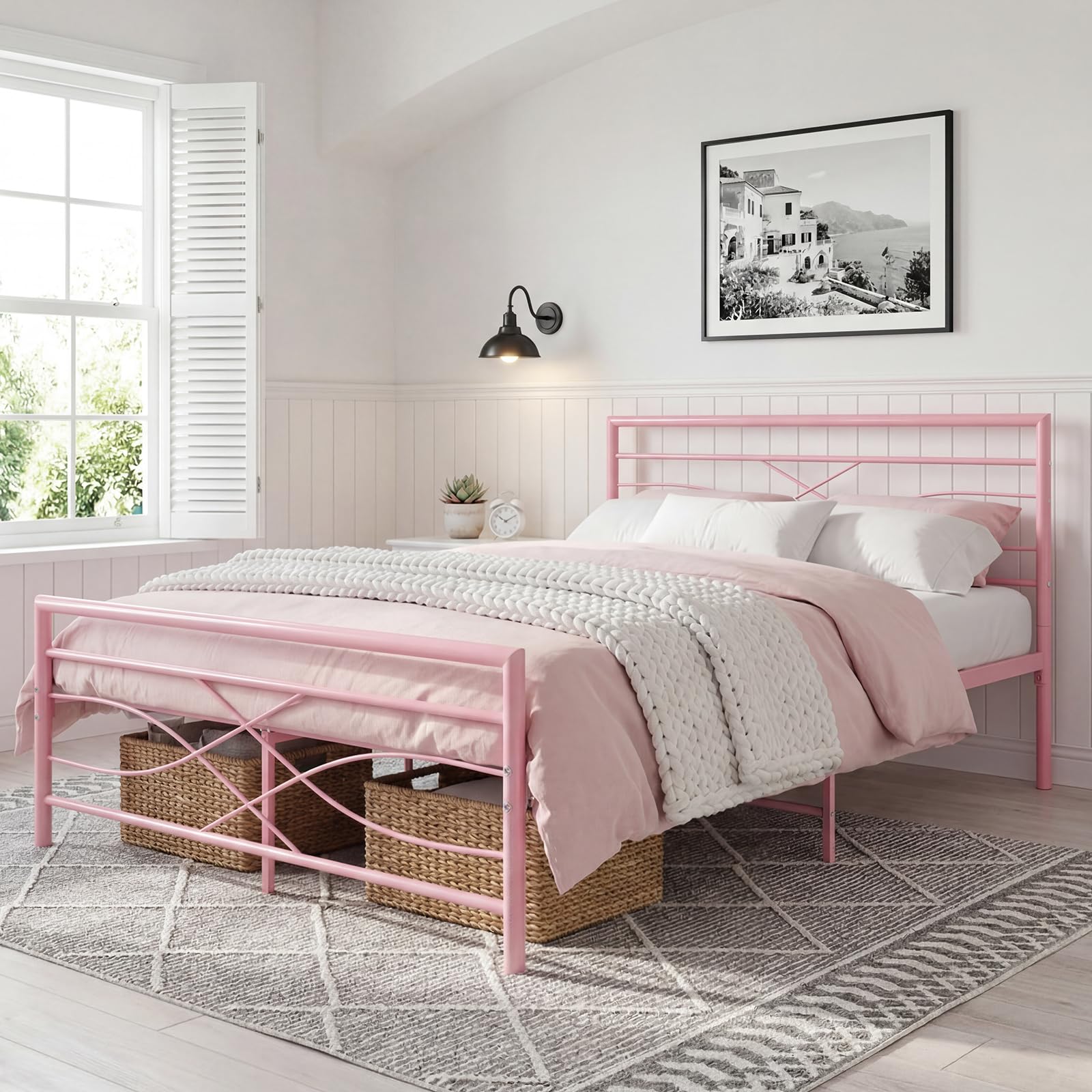 Panana Double 4FT6 Metal Bed Frame with Headboard and Footboard, 28cm Large Underbed Storage Space (Pink, 4FT6)
