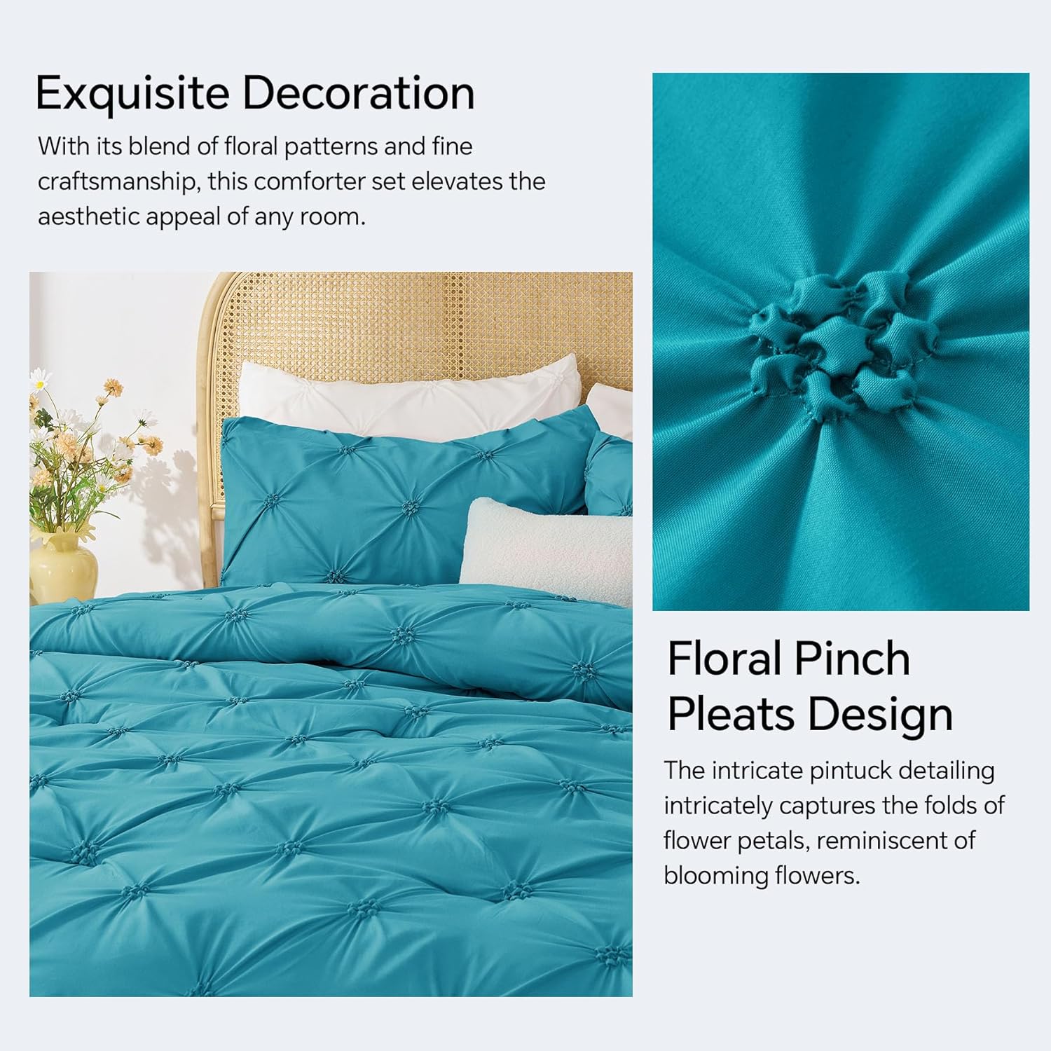 BEDELITE Teal King Size Comforter Set - 3 Pieces Boho Pintuck Bedding Comforter Sets, Lightweight Soft & Warm King Bedding Set with 2 Pillowcases for All Season