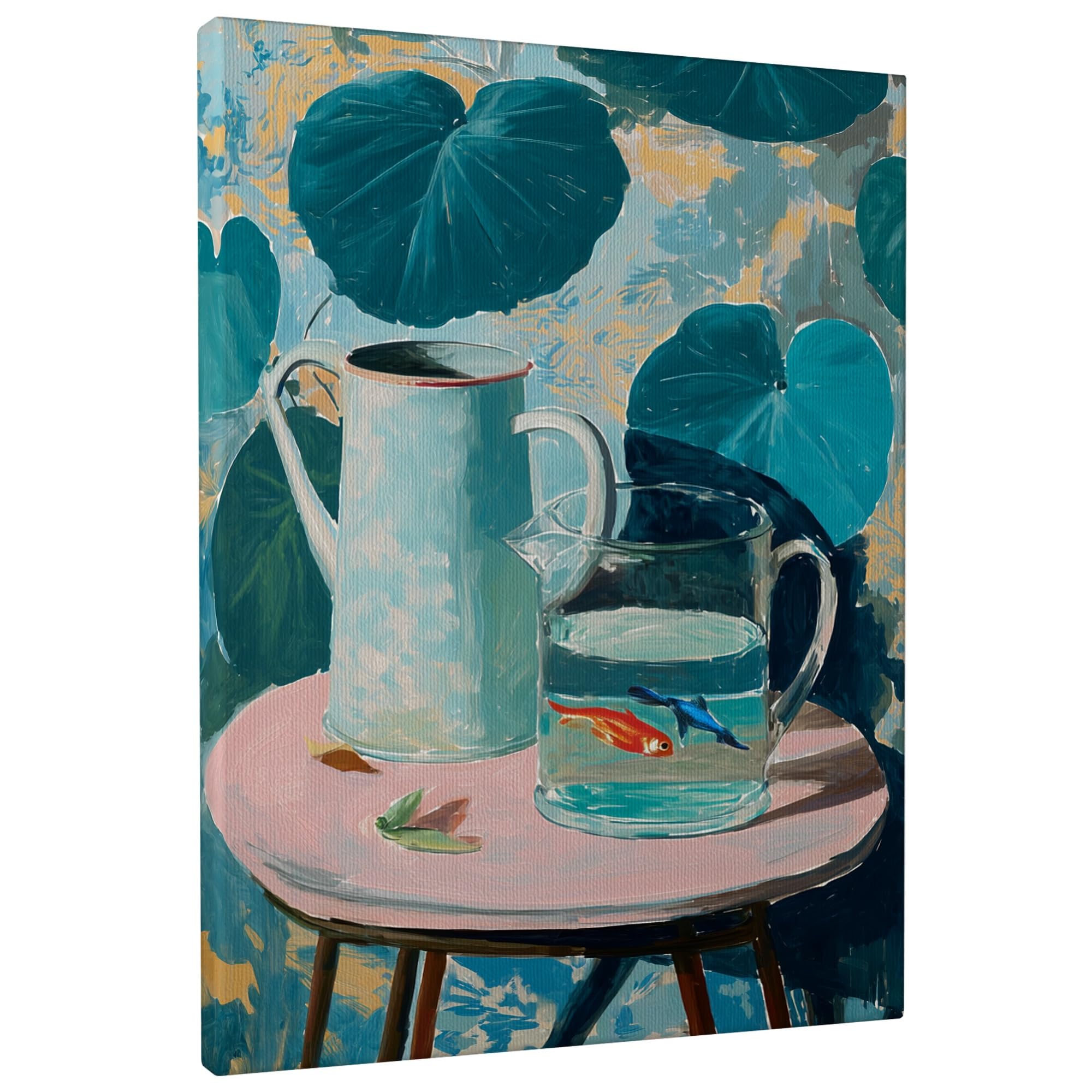 Aquatic Still Life Canvas Art, Blue Green Water Pitcher and Fish Bowl Prints, Modern Home Decor for Living Room, Bedroom, Office, Wrapped Canvas 12x16 Inch