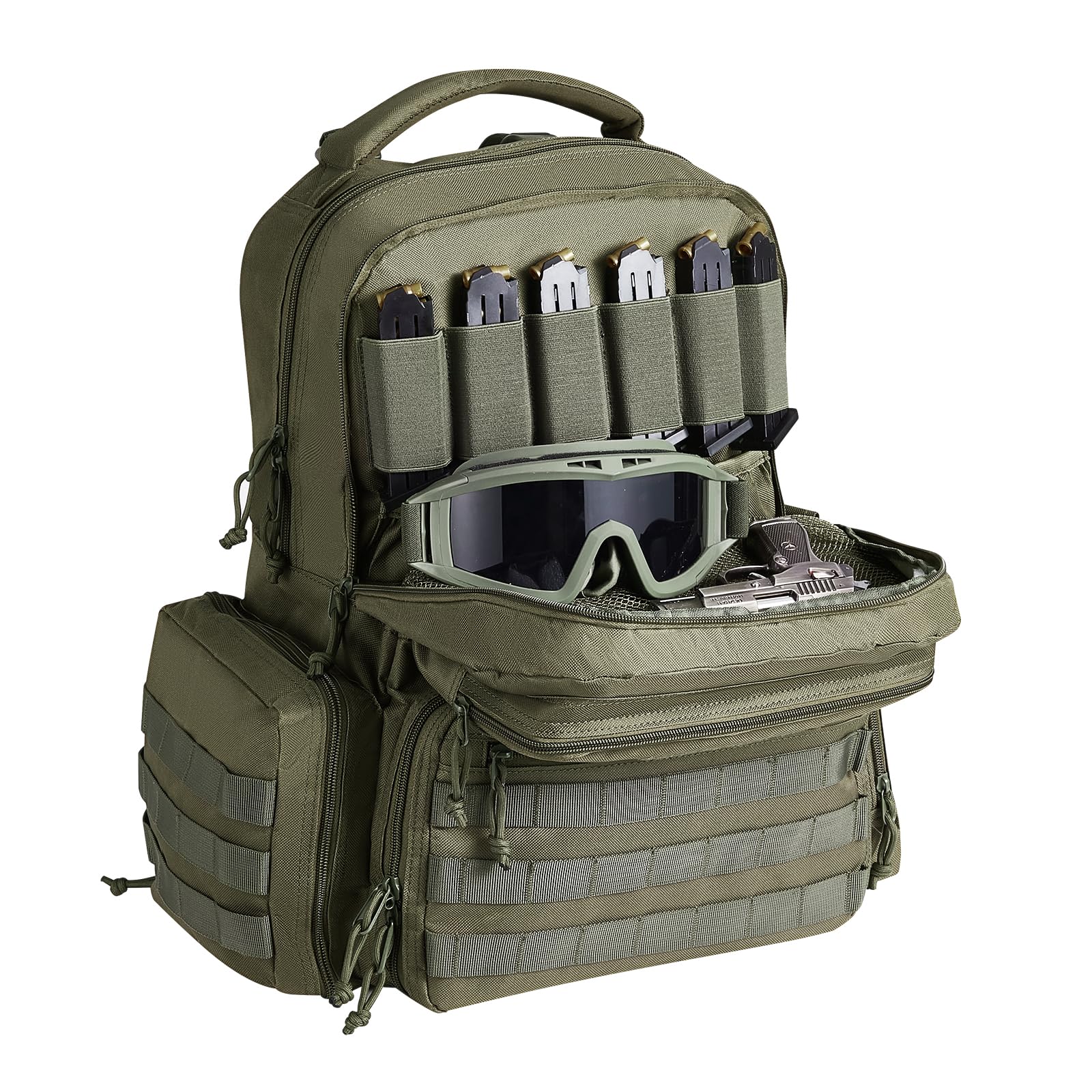 VEVOR Tactical Range Backpack for 6 Pistols, Gun Backpack with 6 Independent Pistol Bags & 10 Magazines, Pistol Backpack for Outdoor Hunting Shooting, Range Bag for Handguns Lockable Zipper, Green