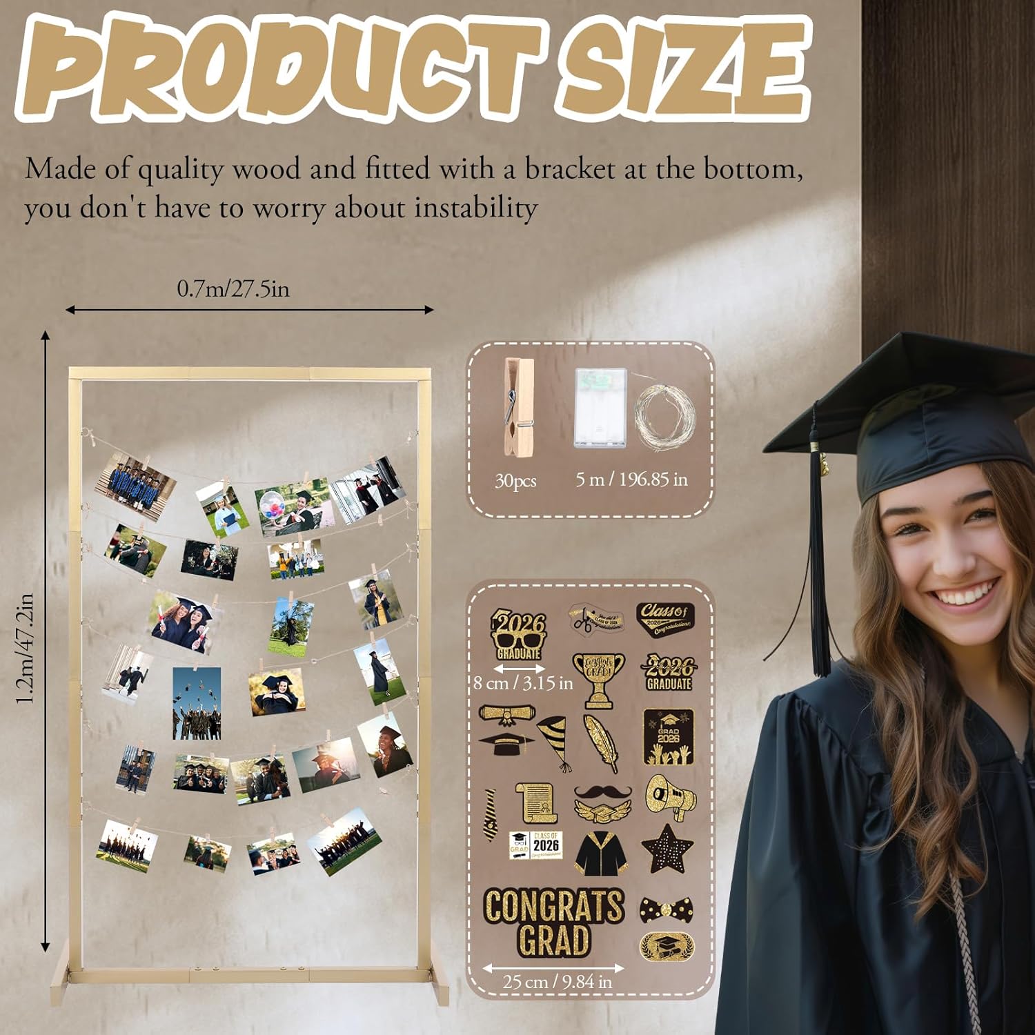 Colingmill 47 Inch Metal Graduation Picture Display Frames Board Graduation Decorations Class of 2026 Standing Collage Picture Frame with String Light 30 Metal Clips for Grad Photo Party Decor