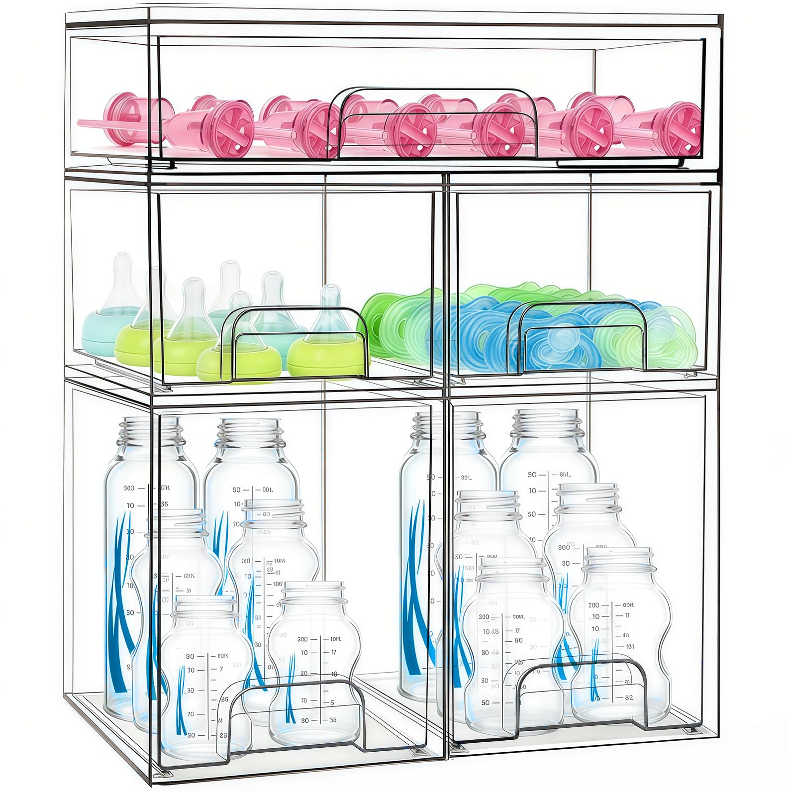 Baby Bottle Organiser 5 Pack Baby Bottle Organiser Storage Acrylic Bottles Storage Cabinet Box Transparent Stackable Container Drawers for Pacifiers,Nipples,Pump Parts for Countertop,Bathroom,Vanity