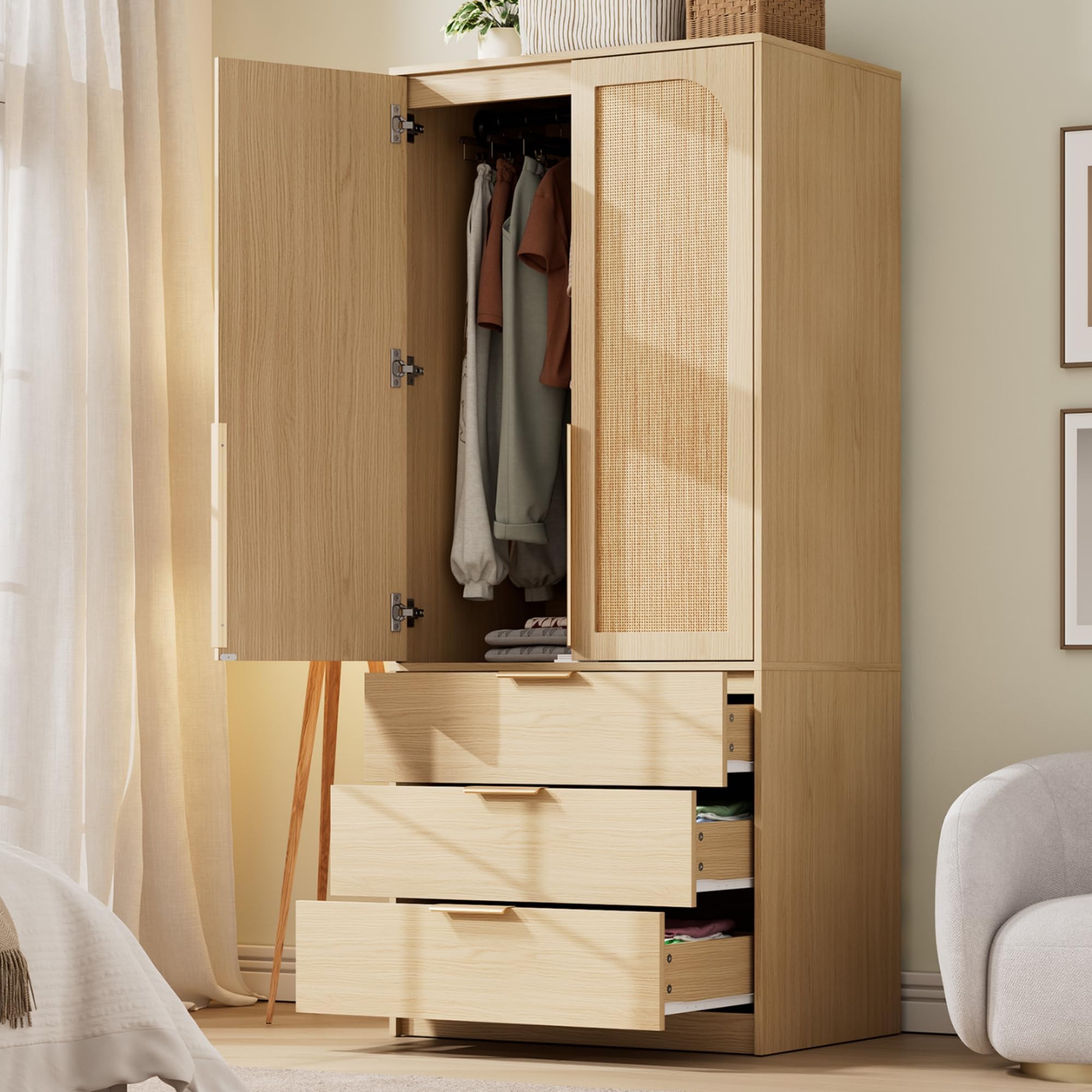 Photo 1 of ***** AS IS NO RETURNS   SOLD AS IS ******GarveeHome Armoire Wardrobe Closet, 69.5 in Wooden Wardrobe Cabinet with 3 Drawers, Hanging Rod, 2 Doors Clothing Storage Cabinet for Bedroom, Large Capacity Storage, Rattan Door, Natural