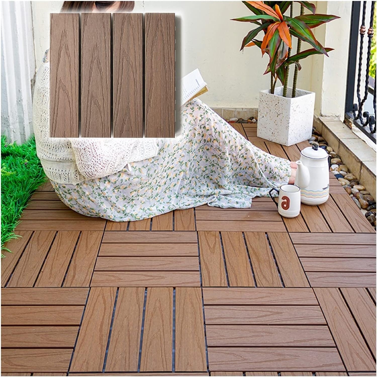 Hpthly Brown Shower Bath Mat Wood-Plastic Composite Patio Deck Tiles Diy Interlocking Wood Bathroom Floor Mat,-20Pcs