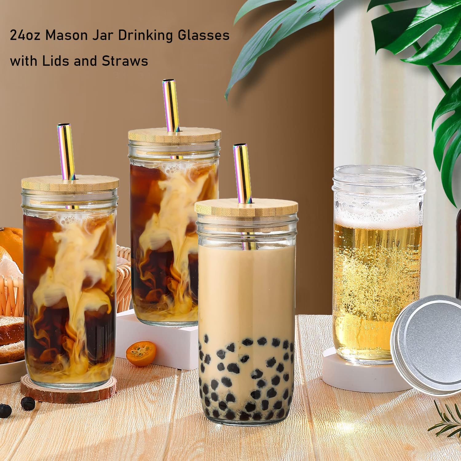 2 vasos de vidrio de 24 onzas con tapas de bambú y popotes y 2 tapas herméticas, vasos reutilizables para batidos, vasos de café helado, vaso de vidrio para té de burbujas, jugo, regalo
