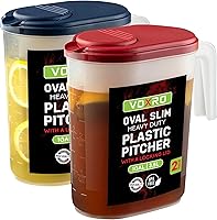 VOXRO 2-Pack 1-Gallon Slim Oval Plastic Pitchers with Lids - Flip-Top Spout, Measuring Marks, BPA-Free, Fridge Door Fit (Blue & Red)