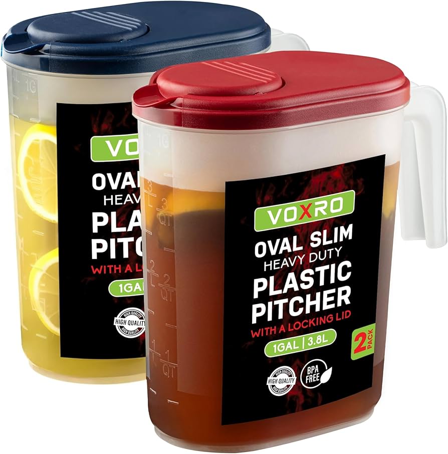 2-Pack Oval Slim Plastic Pitchers With Lids – 1 Gallon, Flip-Top Pivot Spout, Well-Gripped Handle, Water Jug, With Measuring Option, Ideal for Water, Juice & Iced Tea (Blue & Red) BPA Free