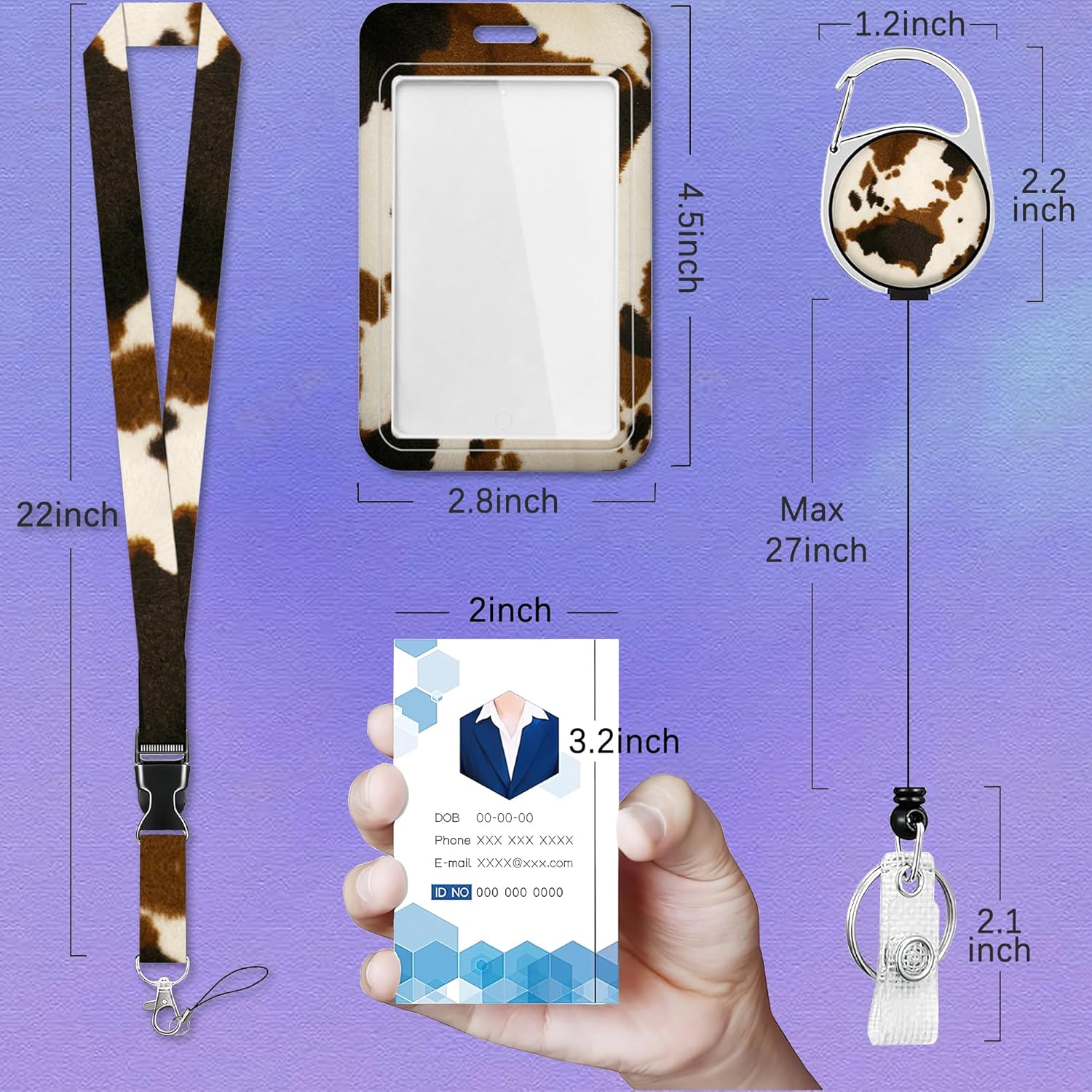 Cowhide Cow Print ID Badge Holder with Lanyard,Animal Print Lanyards for ID Badges,Retractable Badge Reel Heavy Duty,Vertical ID Card Protector Case for Women Teacher Office Gifts - Image 3