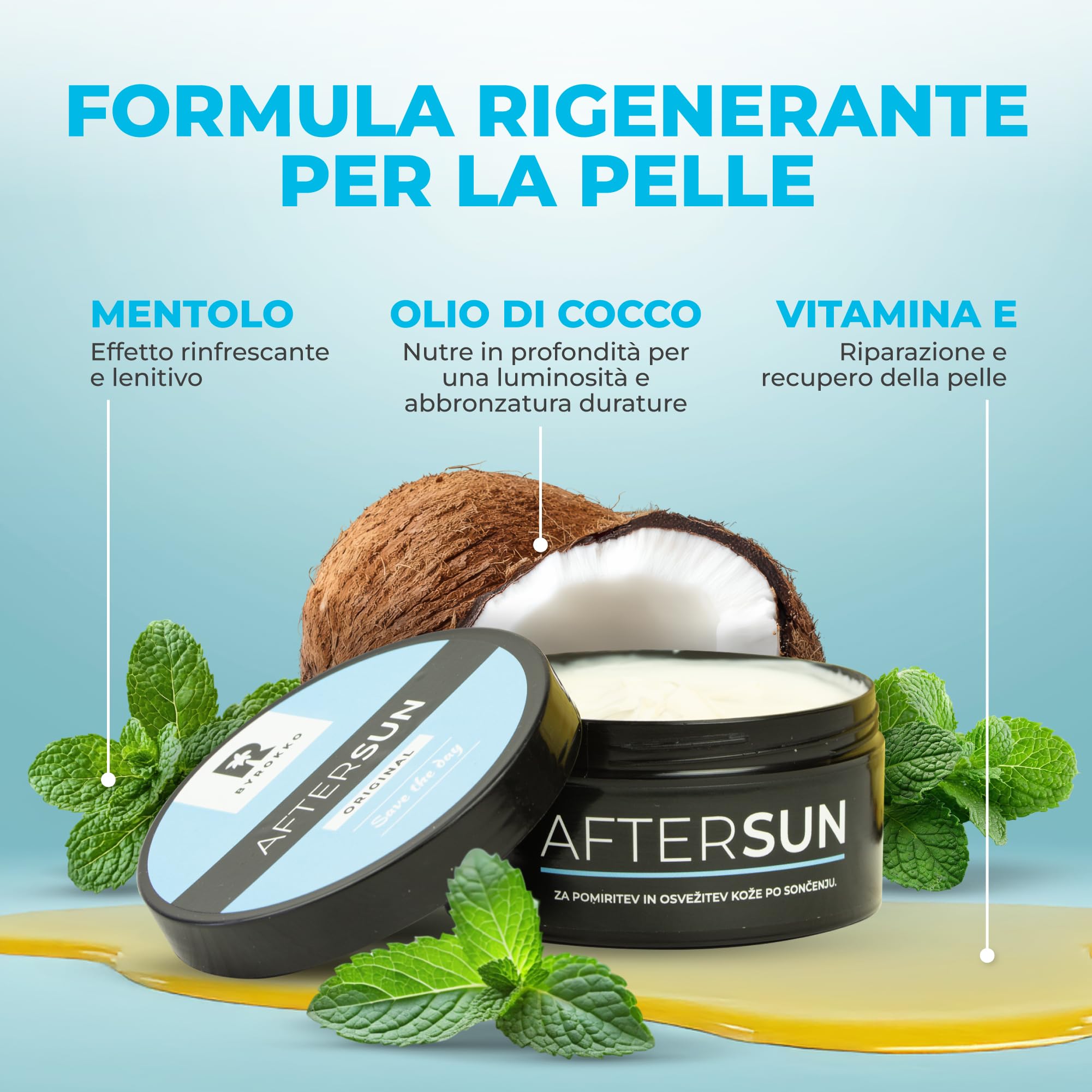 BYROKKO Crema doposole, lozione abbronzante naturale con mentolo, burro di mango e vitamina E, raffredda, idrata e nutre la pelle esposta al sole, vegana, senza parabeni, conservante per abbronzatura