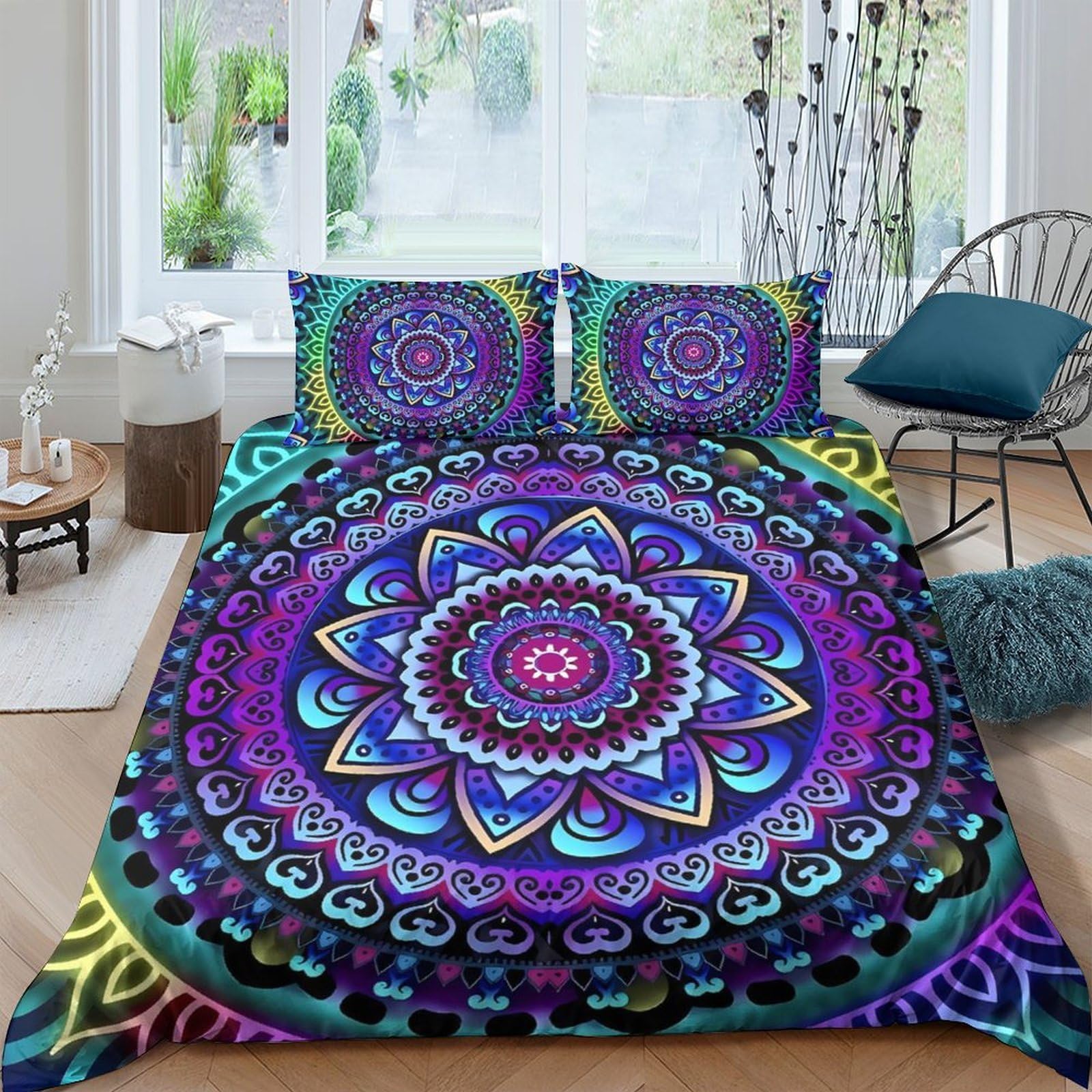 GPLZQXKJNH 3D Printed Mandala Boho Duvet Cover Microfiber Soft Breathable Psychedelic Flower Bedding Set with 2 Pillowcases for Bedroom Decor, Single（135x200cm）