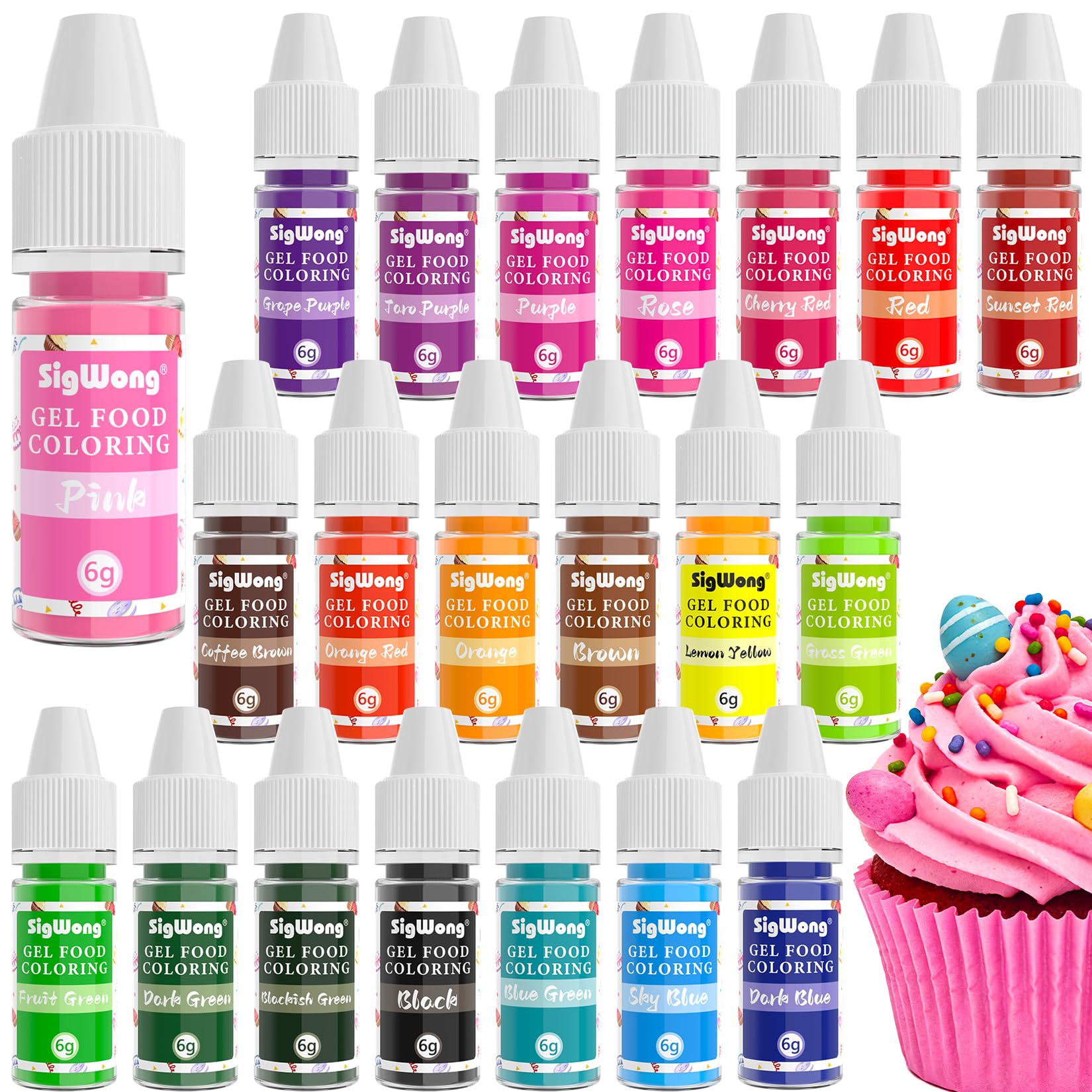 SigWong Gel Food Coloring Set - 21 Colors Tasteless Based Color Dye, Vibrant Edible Icing for Cake Cookie Decorating, Baking, Fondant, Frosting, Easter Eggs, with Gloves (6g/Bottle) Vegan