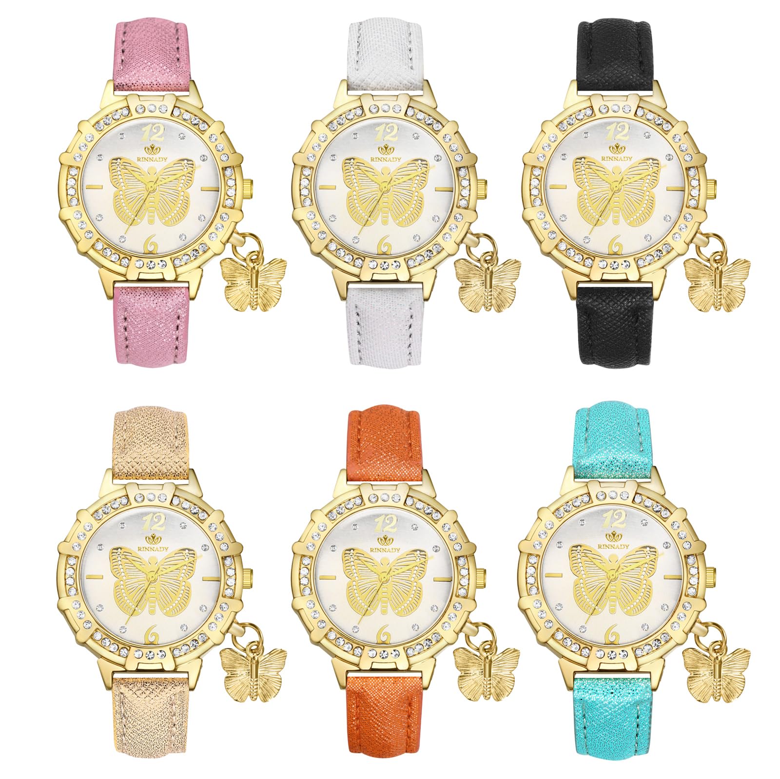 JewelryWe Zegarki damskie skórzane motyle – 6 sztuk eleganckich boho, motyli, stras, zegarek na rękę, analogowy zegarek kwarcowy z 6 kolorami skórzanej bransoletki, 6 szt.