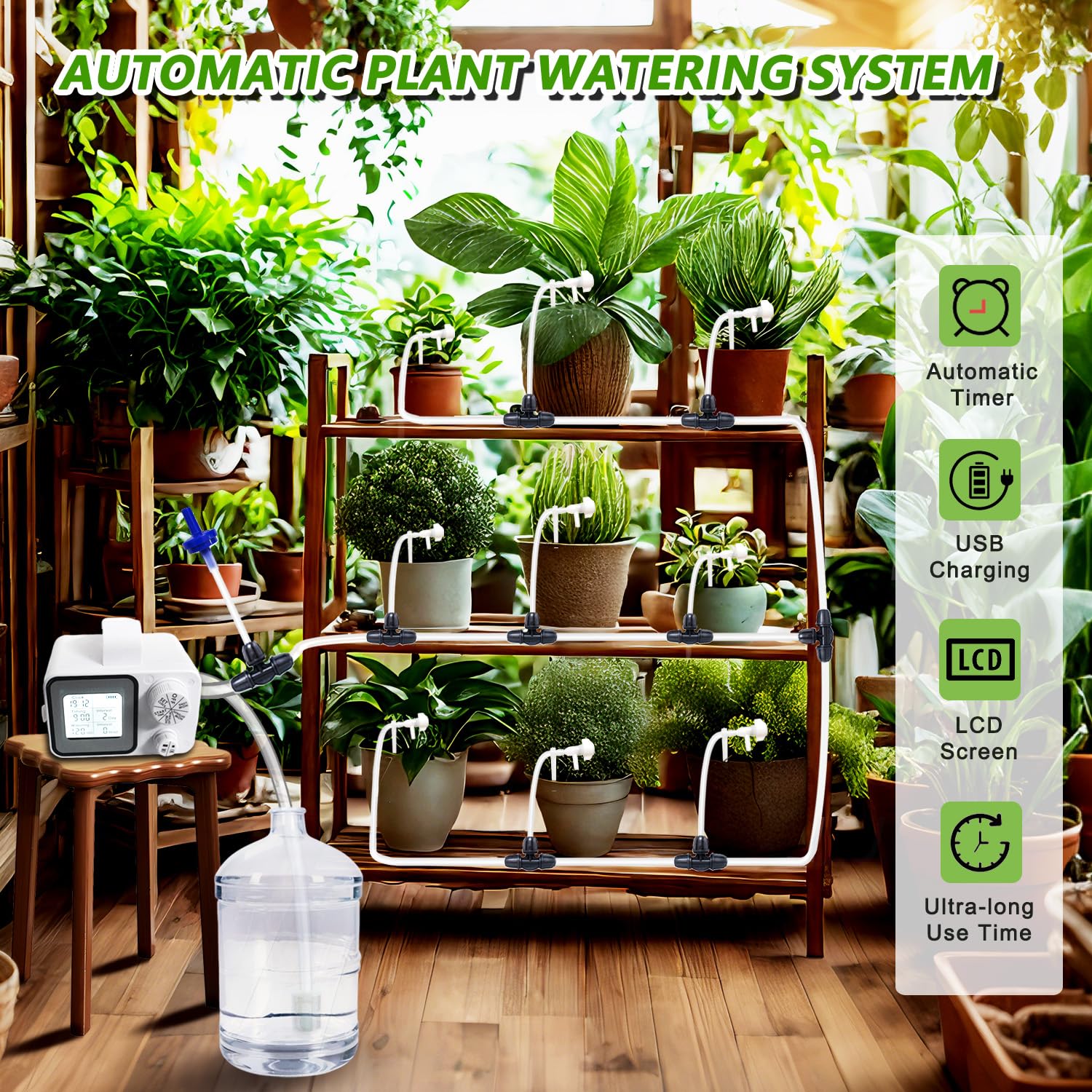Riego automático de plantas de interior para 15 plantas en maceta, kit de riego por goteo con goteros ajustables y conectores en T bloqueables, temporizador programable digital, dispositivos