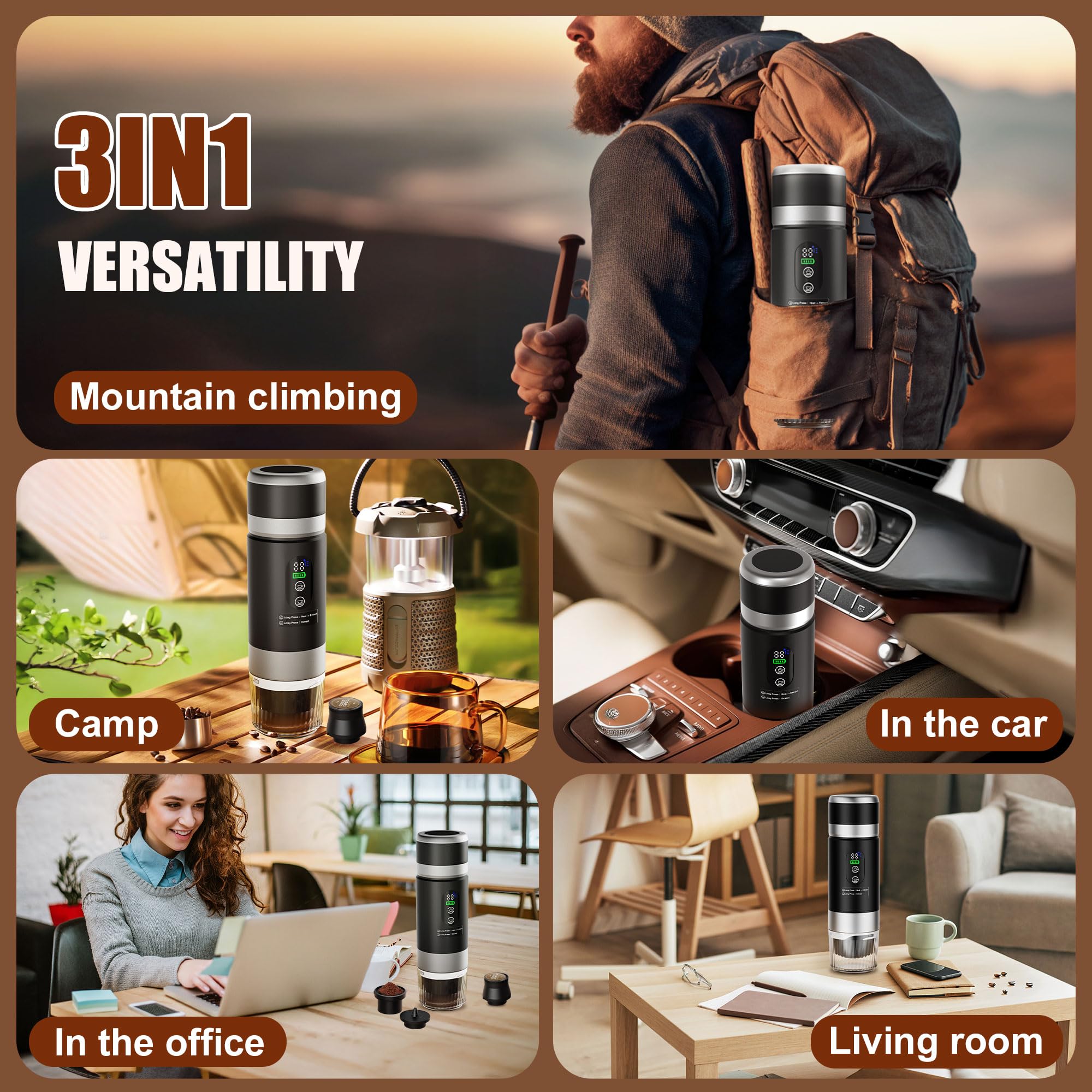 3-in-1 Tragbare Kaffeemaschine mit Herausnehmbarem Akku, 20 Bar Hochdruck Extraktion, Schnelle Selbstheizung, Espressomaschine mit Digitalanzeige, Kompatibel mit KaffeeKapseln