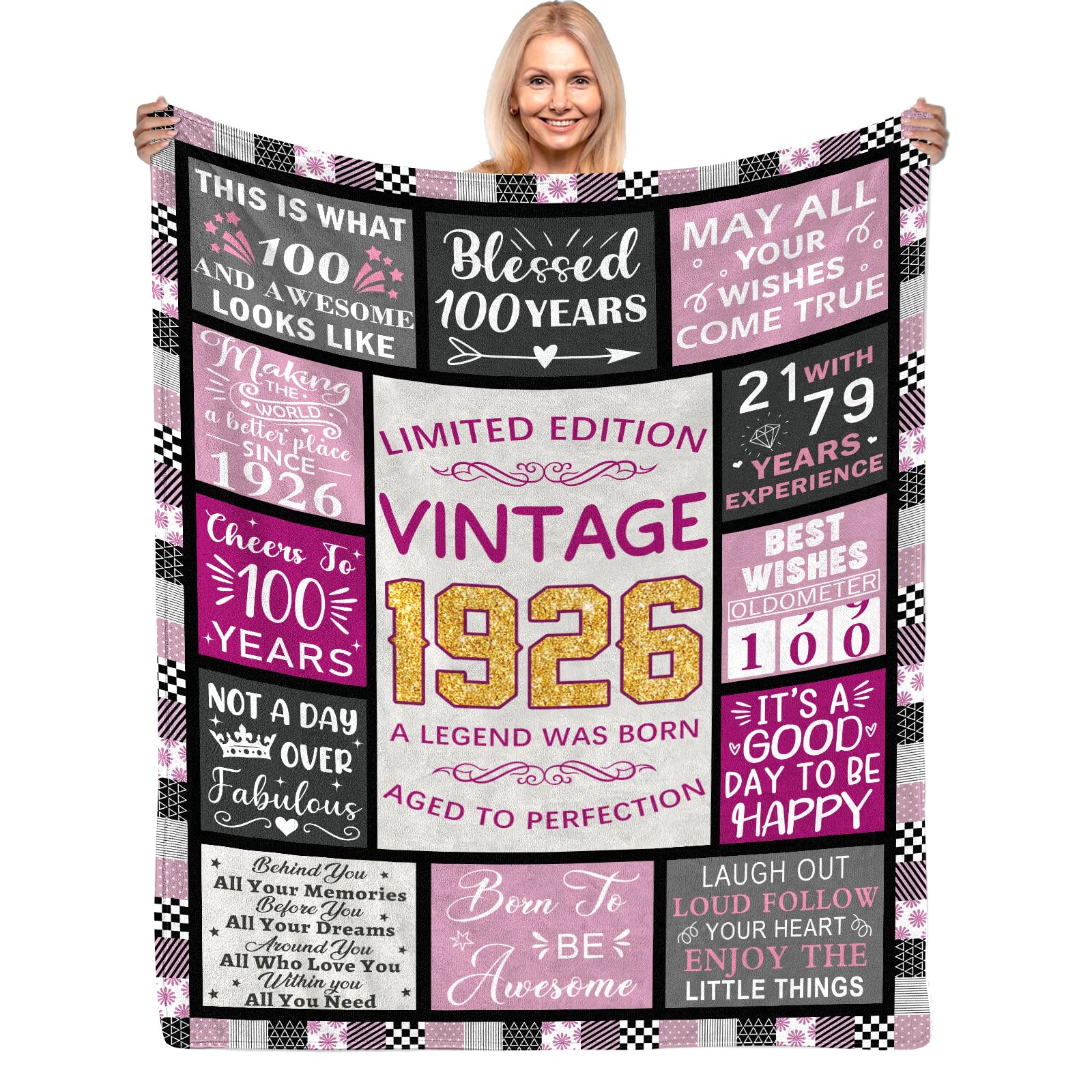 CIUGOIG 100th Birthday Gifts for Women, Vintage 1926 Birthday Blanket 50"x60", Funny 100th Birthday Gifts for 100 Year Old Women, Born in 1926 Gift for Her Wife Mom Grandma Sister 100th Birthday-pink 50"x60"