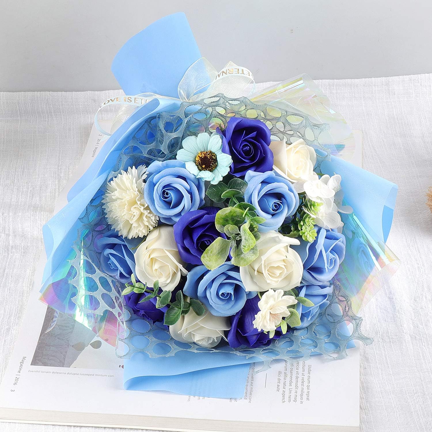 RERXN 薄い色、癒す花 フラワー(17輪) ソープフラワー フラワー 青 ソープフラワー 石鹸花 造花 バラ 花束 枯れない クリスマスプレゼント 退職祝い 開店祝い お花ギフト 誕生日 ギフトボックス メッセージカード付き (青い)