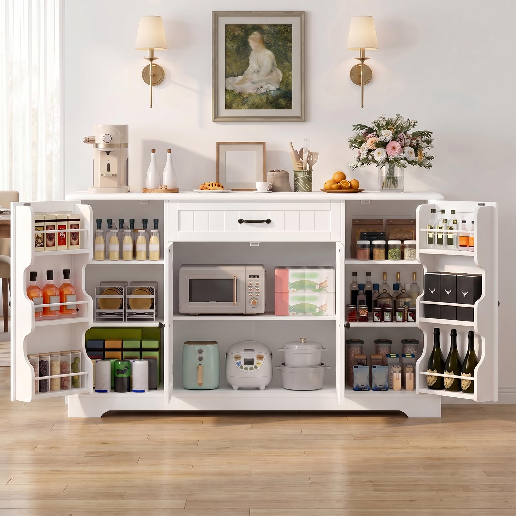 Xbro Sideboard, Küchenschrank mit Arbeitsplatte, Buffetschrank mit Schublade, 4 Türen und integrierten Türablagen, großer Stauraum, Wohnzimmerschrank für Küche und Esszimmer, Weiß