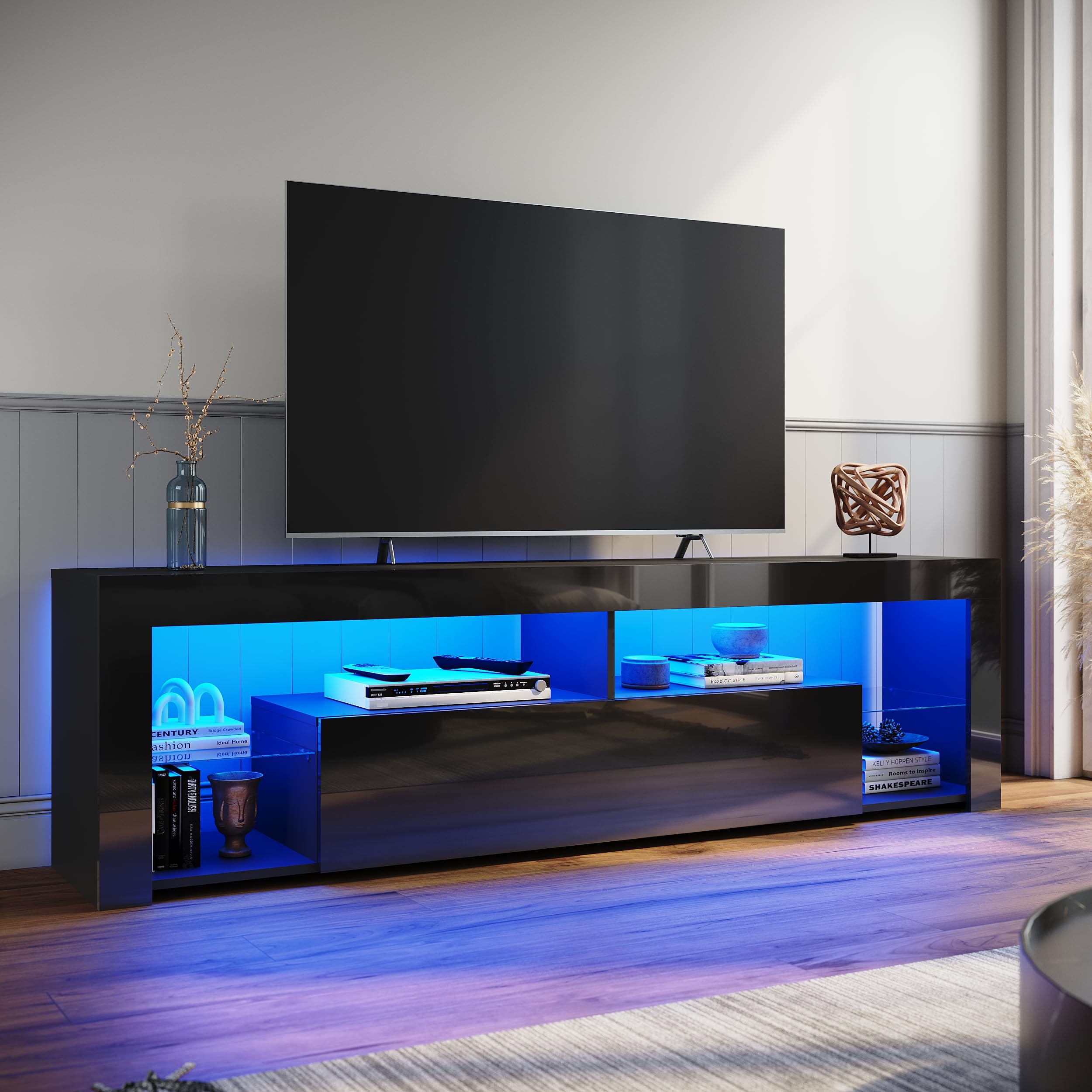 ELEGANT TV Stand Cabinet Unit with 16 RGB LED Lights, High Gloss TV Stand with Large Storage and 1 Big Drawer, Modern Black TV Cabinet with 2 Glass Shelf for Living Room, Bedroom 1800x350x505mm