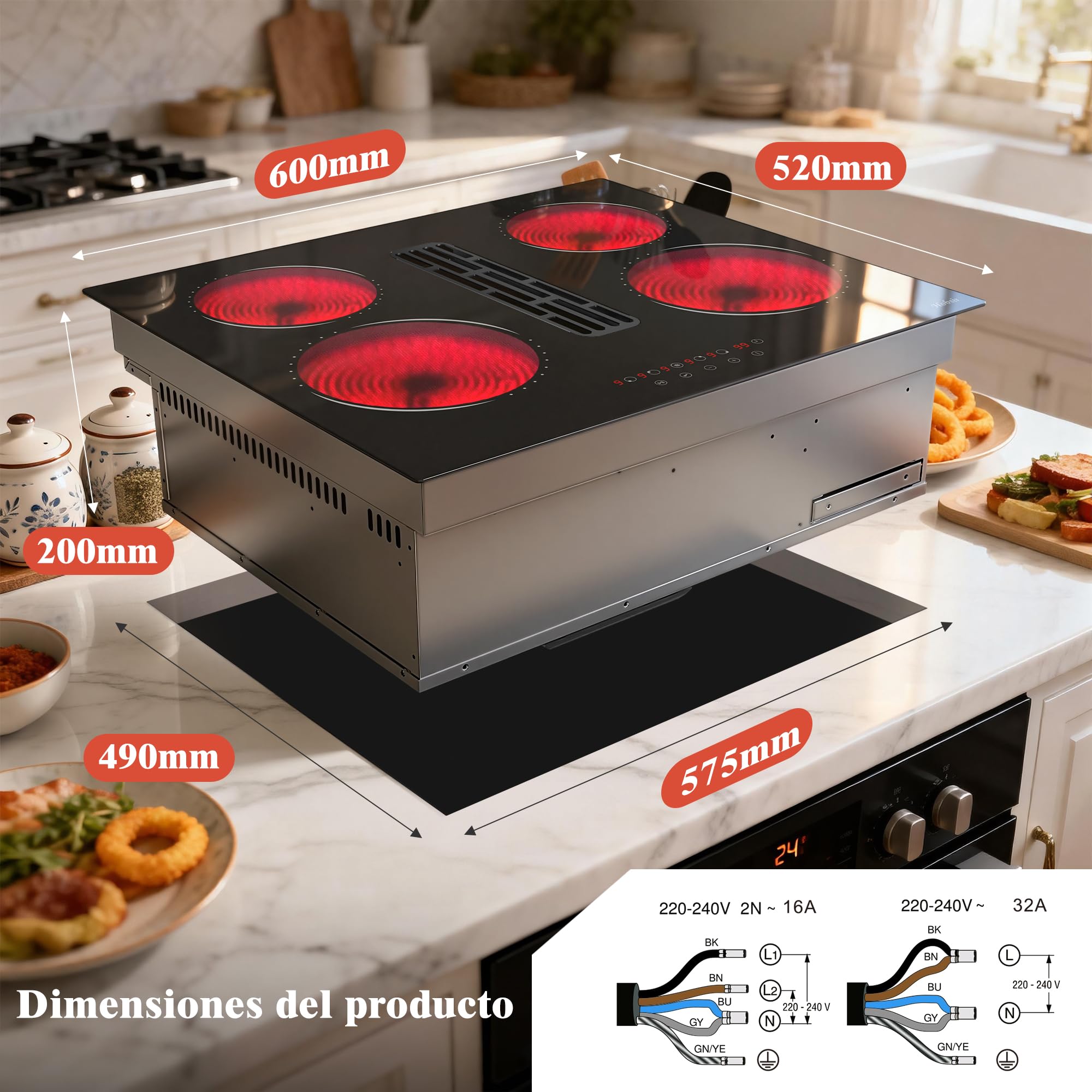 Hobsir Placa Vitrocerámica con Extractor Integrado 60 cm, 4 Zonas, 6000W | Campana con Recirculación, 9 Niveles de Potencia, Función Pausa, Bloqueo Infantil y Temporizador