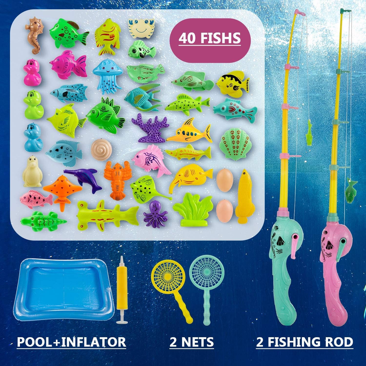 Giocattolo Pesca Magnetico 45 pezzi Fishing Game Magnetico Giocattolo da Bagno Canne da Pesca Giocattolo con Piscina Gonfiabile Giocattolo Divertente all'Aperto Regali Ottimi per Bambini