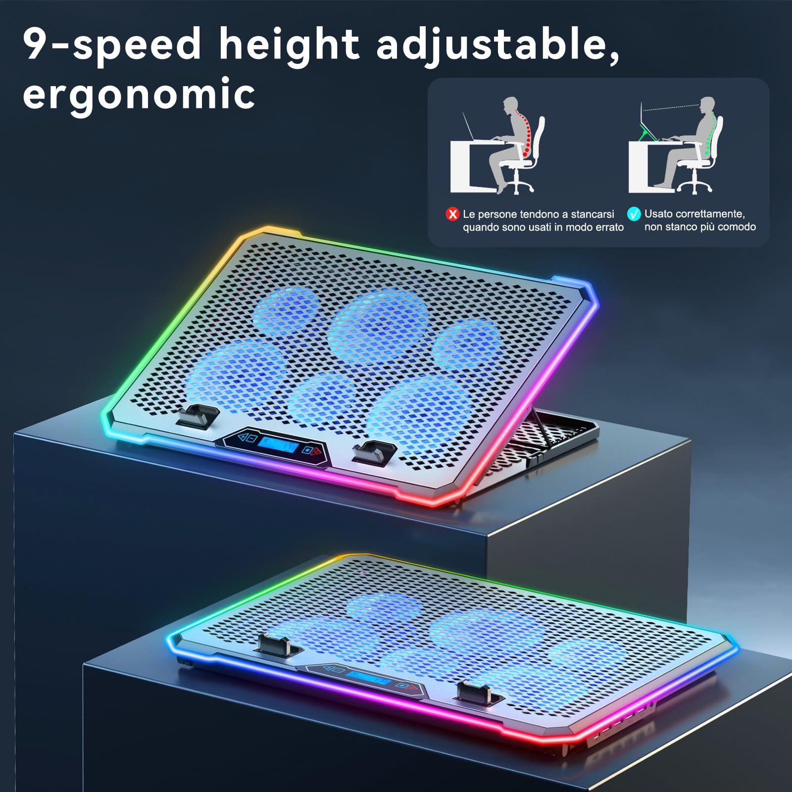 KYOLLY Laptop-Kühlpad aus Aluminiumlegierung, RGB-Gaming-Laptop-Kühler mit 6 leisen Lüftern für 15,6–17,3 Zoll Laptops, Ständer mit 9 Höhen, LCD-Bildschirm, 4 USB-Anschlüsse mit 1 3.0HUB, 2 2.0HUB,