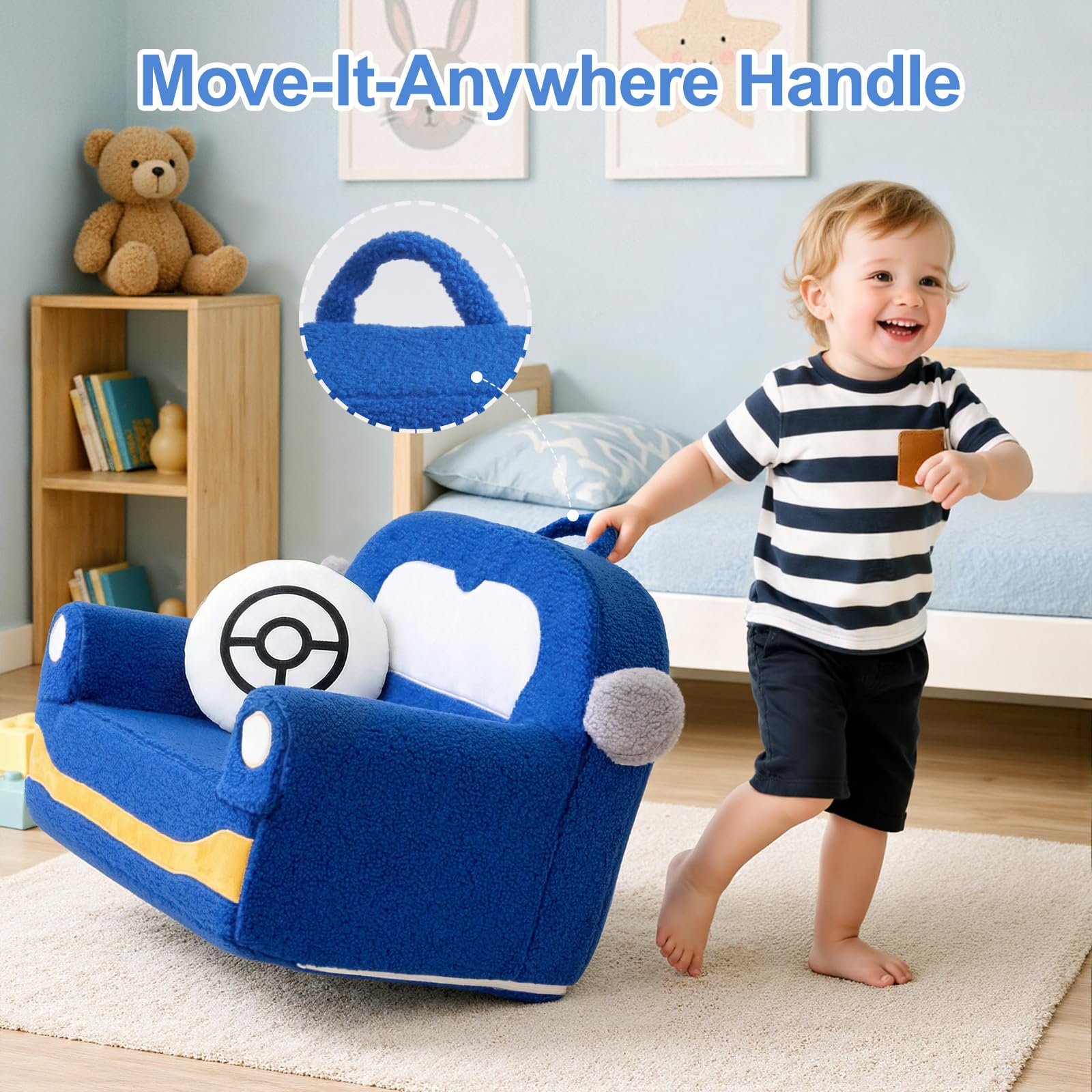 OUOZZZ Divanetto bambini 1-3 anni, poltrona poltroncina per bambini in sherpa morbido con cuscino, mini divano per cameretta， auto blu