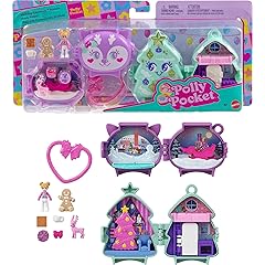 Polly Pocket Mini Toys, Holiday Stackable Compact Playset Bundle with Micro Doll, Accessories, Pet Animal, Travel Toy with Clip